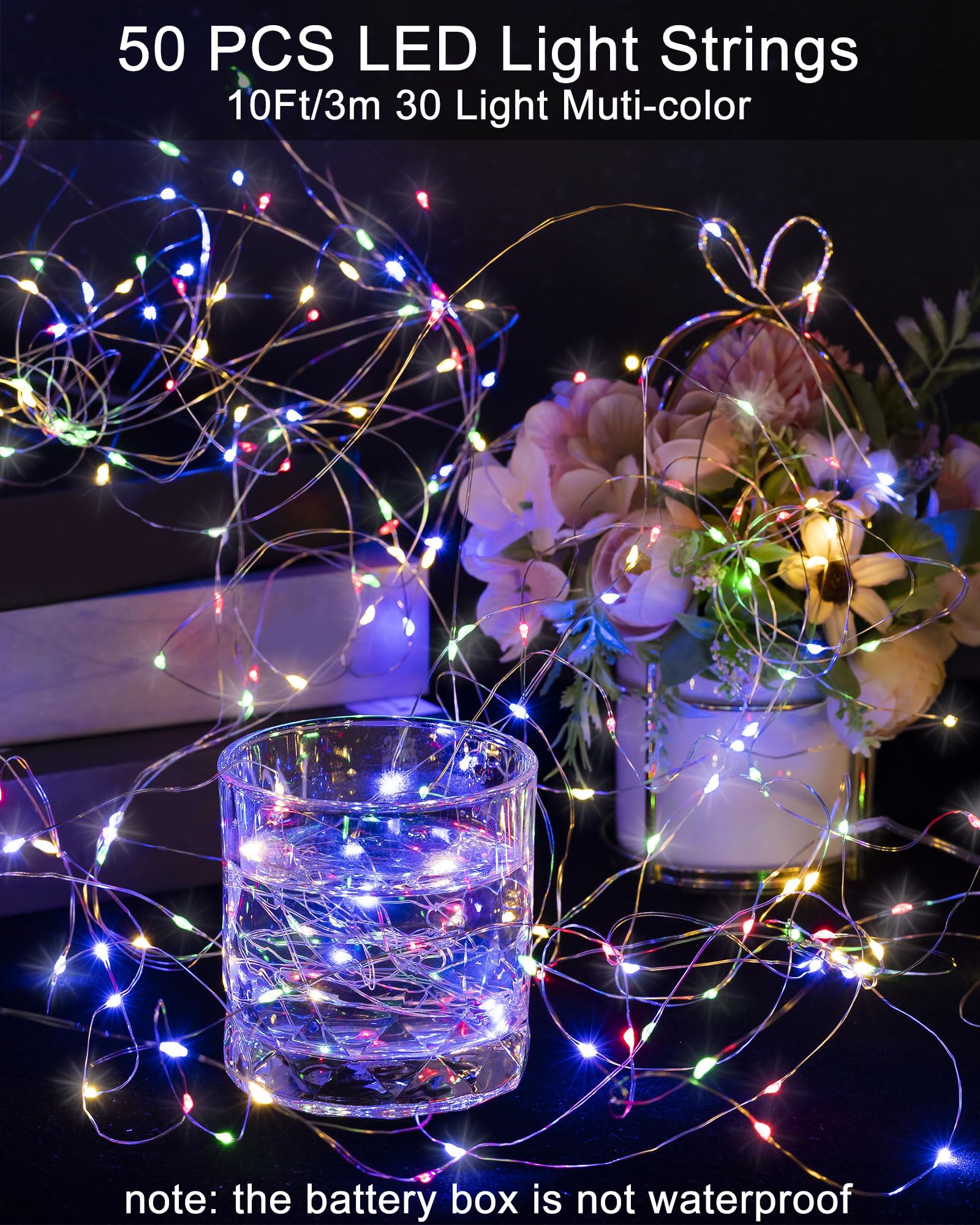 Riakrum LED Fairy Lights - 10ft, Battery Operated, Waterproof, Mixed Color, 50 Pieces for DIY Wedding Party