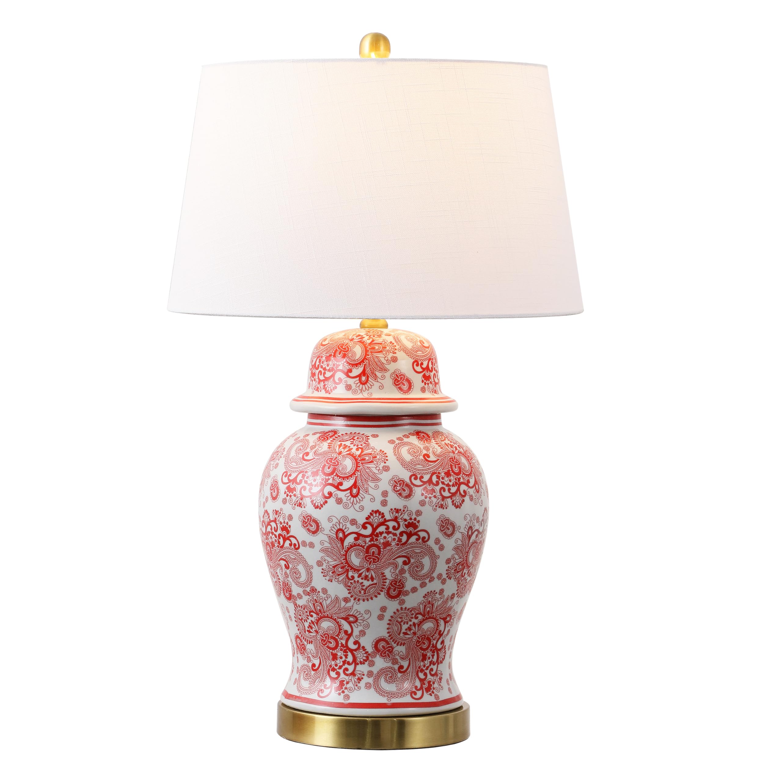 JONATHAN Y 29.5 Red/White Ceramic Table Lamp for Living Room and Office, White Linen Drum Shade, Traditional Chinoiserie Ginger 