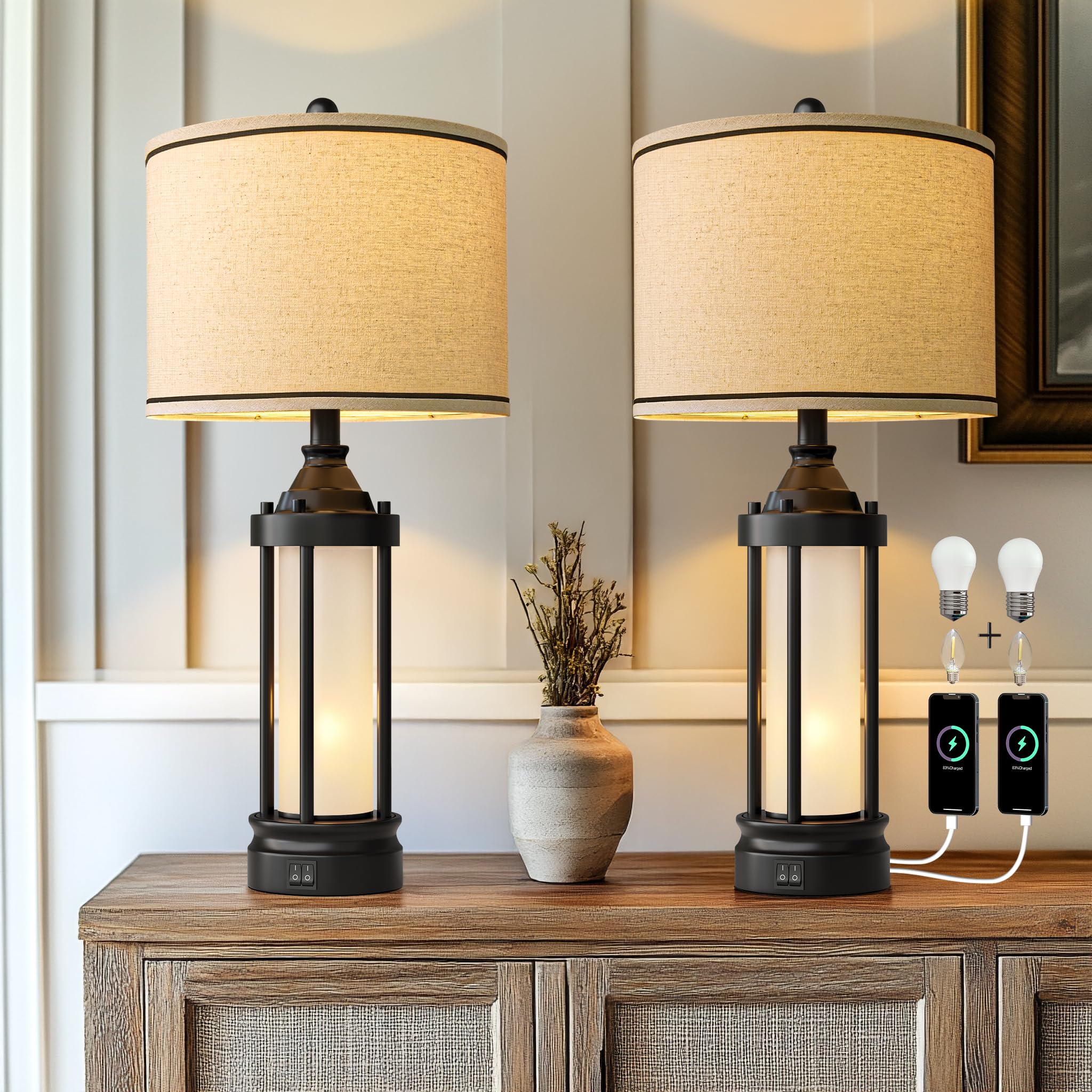 25'' Table Lamps For Bedroom Living Room Lamps Set Of 2 Farmhouse Nightstand Bedside Lamps With Usb Ports, Built-In Frosted Glas