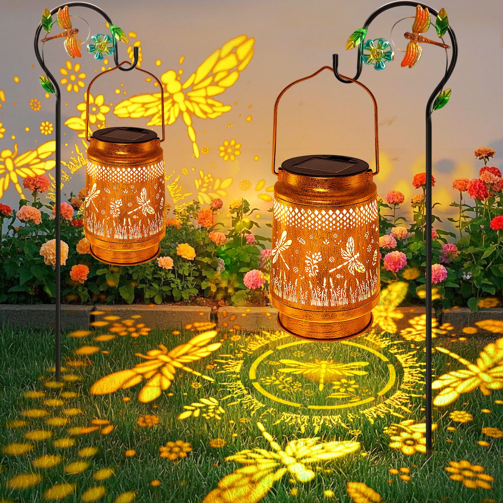 2 Pack Solar Lanterns Outdoor Waterproof Dragonfly Garden Decor  Birthday Gifts For Women Mom Grandma Christmas  Hanging Solar Lights Metal Led Decoration With Shepherd Hook Outside For Yard Patio