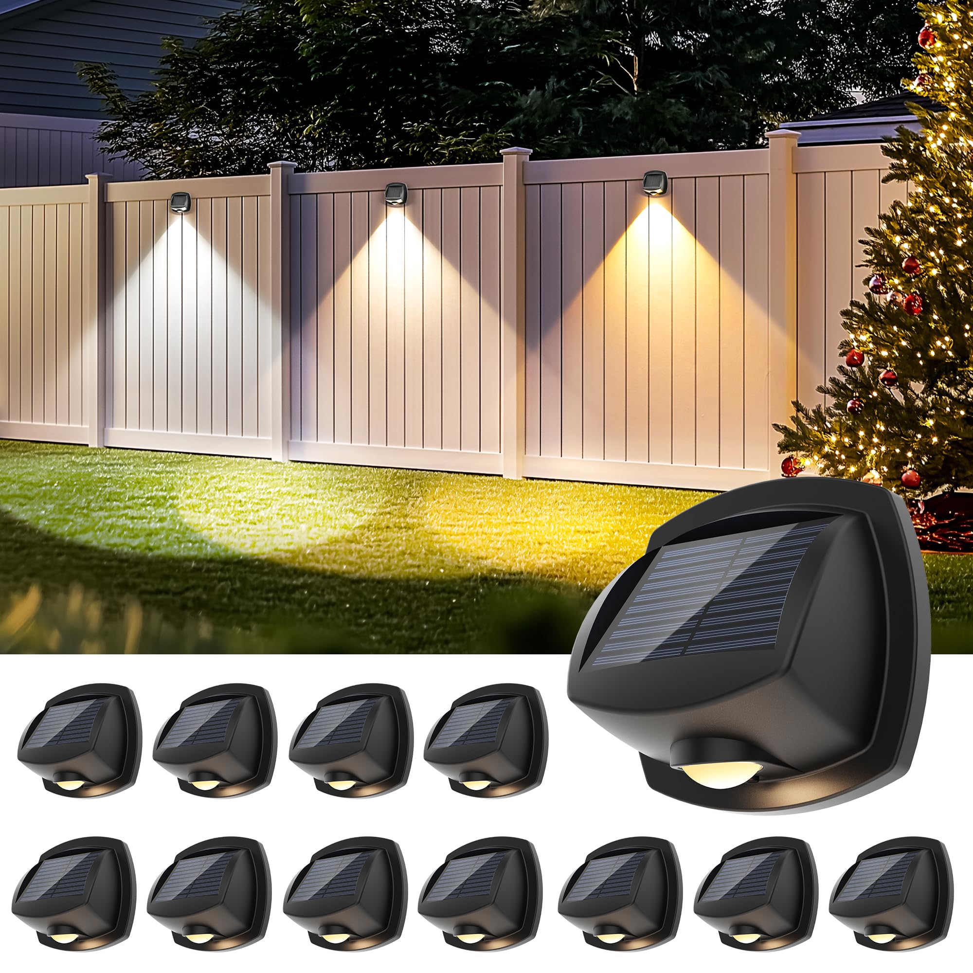 AUDERWIN Solar Fence Lights Outdoor Waterproof Dual Color LED Solar Powered Wall Lights for Outside Fence Lights Outdoor for Por