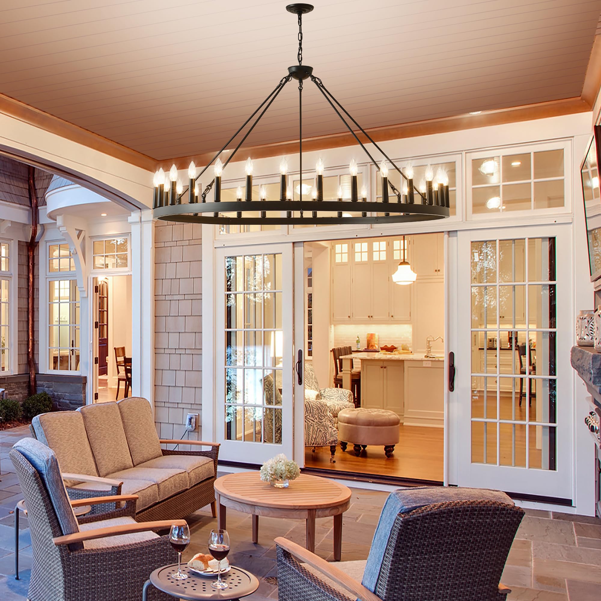 Jtyp 53&quot; Black Farmhouse Wagon Wheel Chandelier, 30-Light Rustic Pendant Lighting For High Ceilings