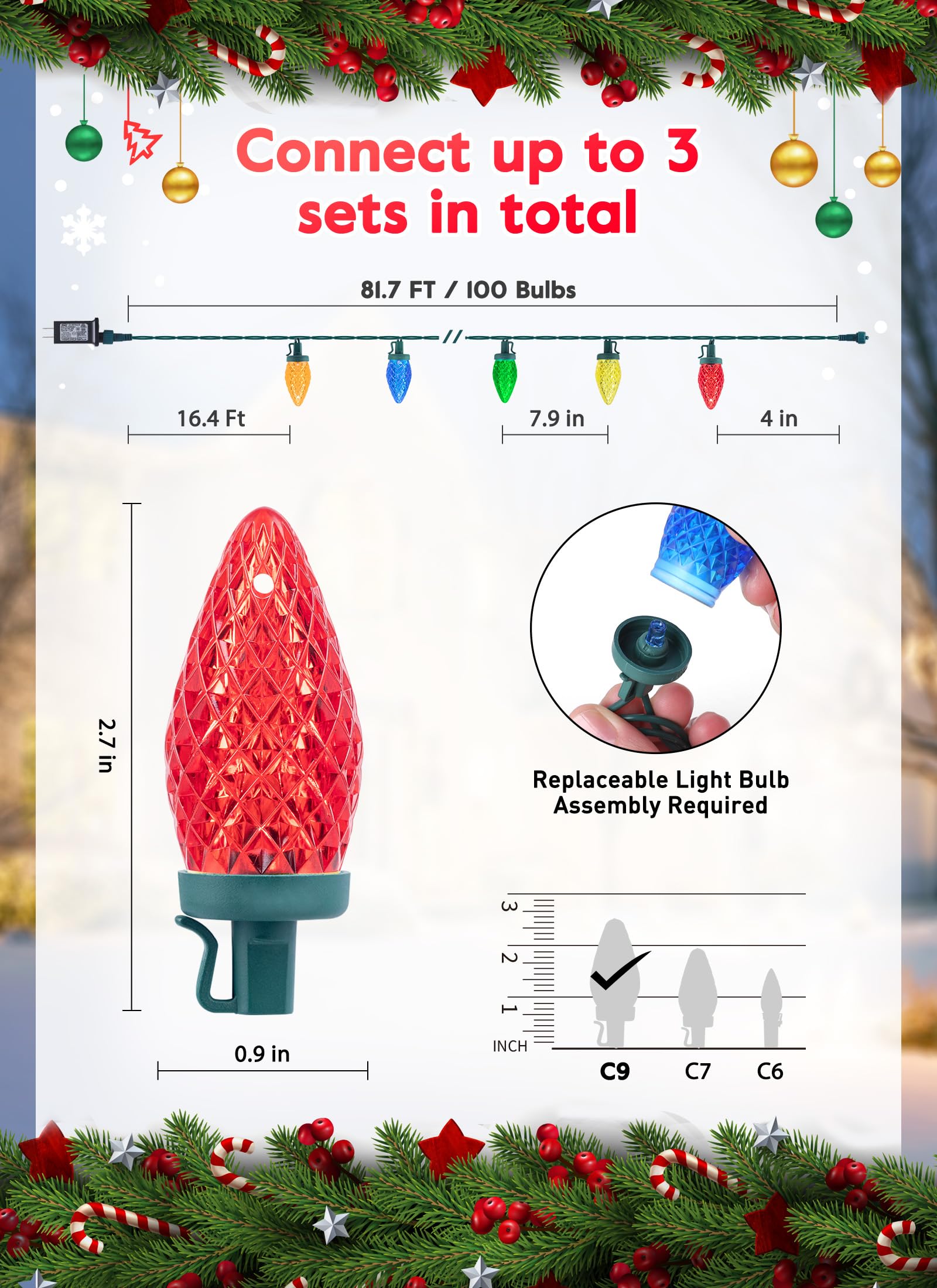 Minetom C9 LED Christmas Lights, 100 Multicolor Lights, 81 Feet, Waterproof, Timer, 8 Modes, 2 Pack