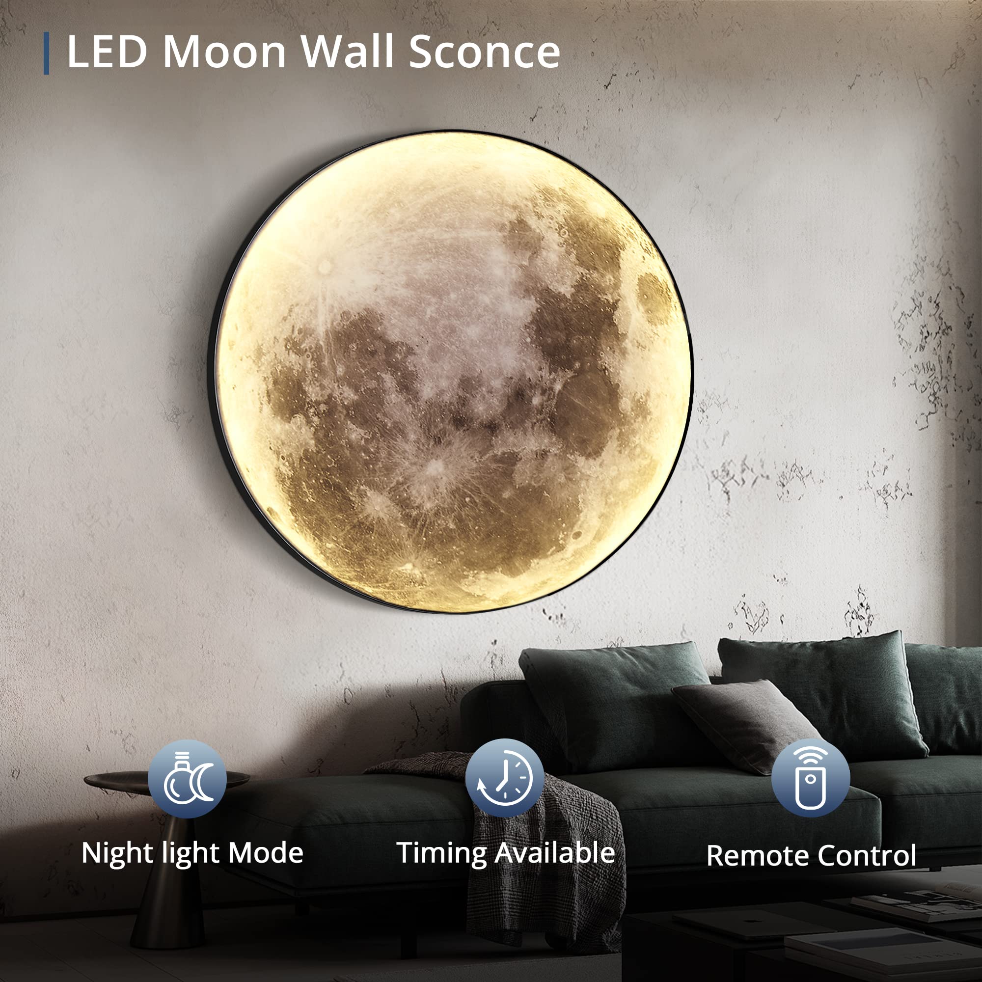 LEDIARY Dimmable Moon Wall Light 31.5 Inch Metal Black Indoor Wall Lamp with Remote Control