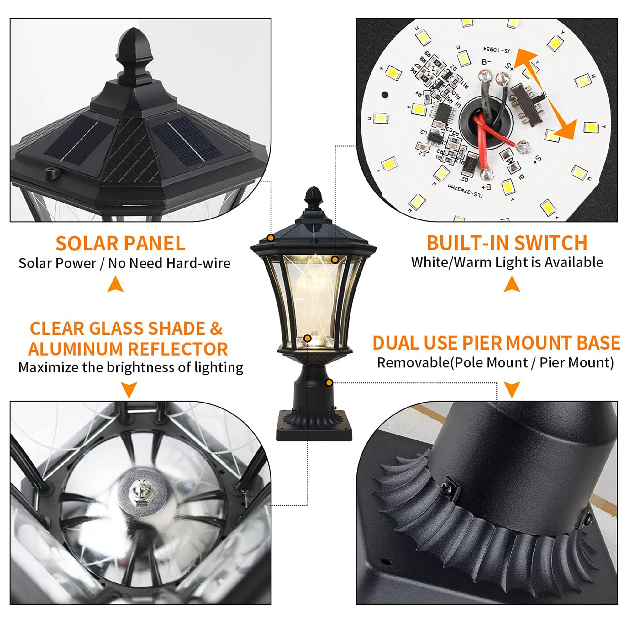 Scnycul Solar Post Lights Dusk To Dawn Outdoor Solar Lamps With Pier Mount Base, Waterproof Exterior Pole Lights Head With Patte