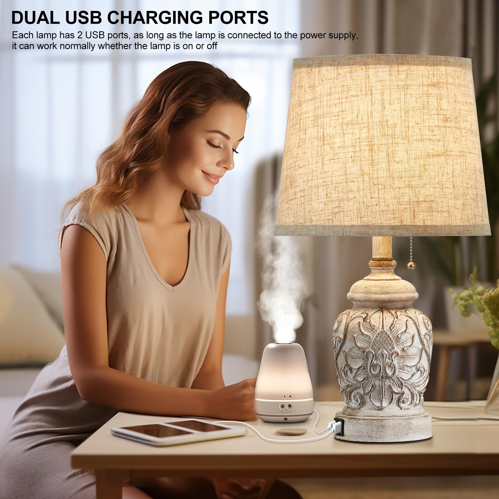 Fullarge 19.5'' Vintage Rustic Table Lamp Set Of 2 Farmhouse Table Lamps For Living Room Bedroom Decor With Usb Ports Traditiona