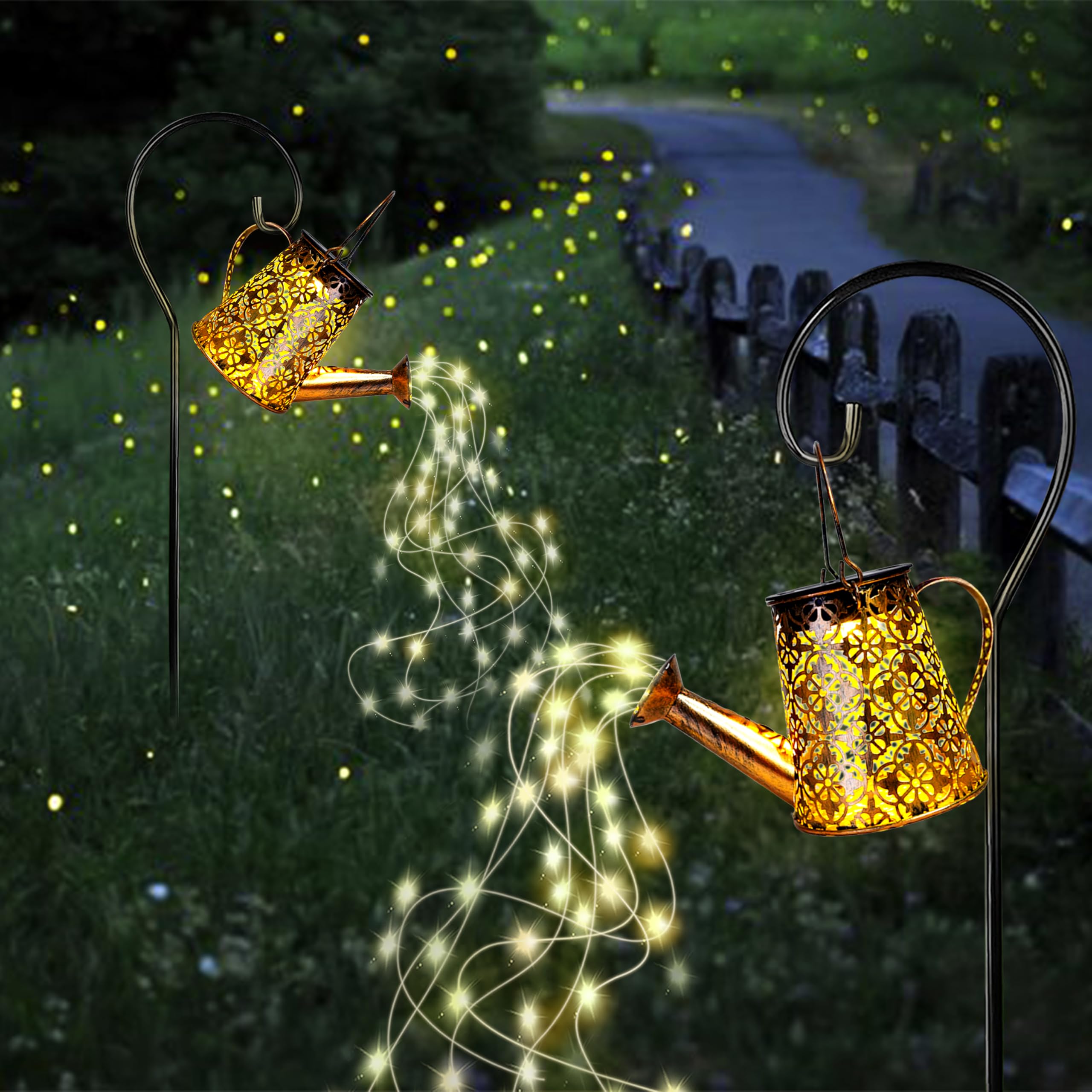 AWENDIETOU Solar Garden Watering Can Lights, Warm White, 2 Pack, Copper, Outdoor Hanging Lantern Decor