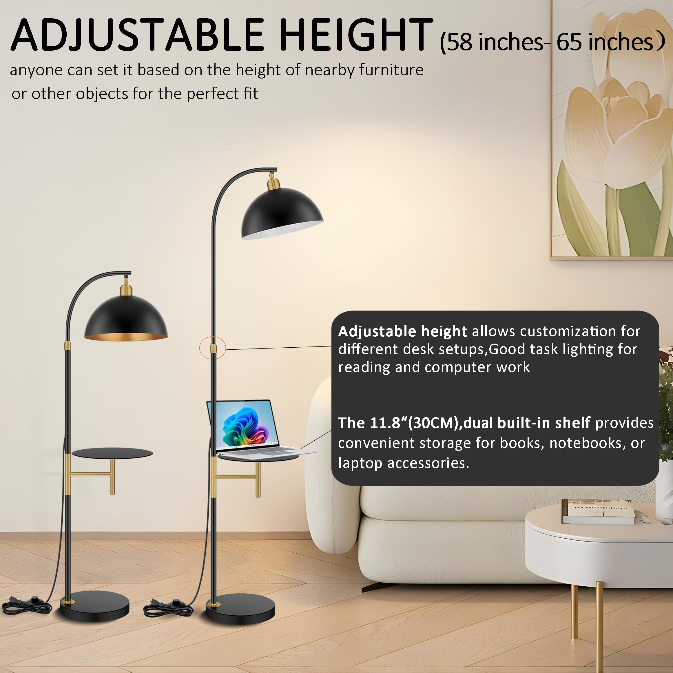 Floor Lamp With Table Industrial Adjustable Height Arc Floor Reading Lamp With Shelves End Table Floor Lamp For Living Room Arc