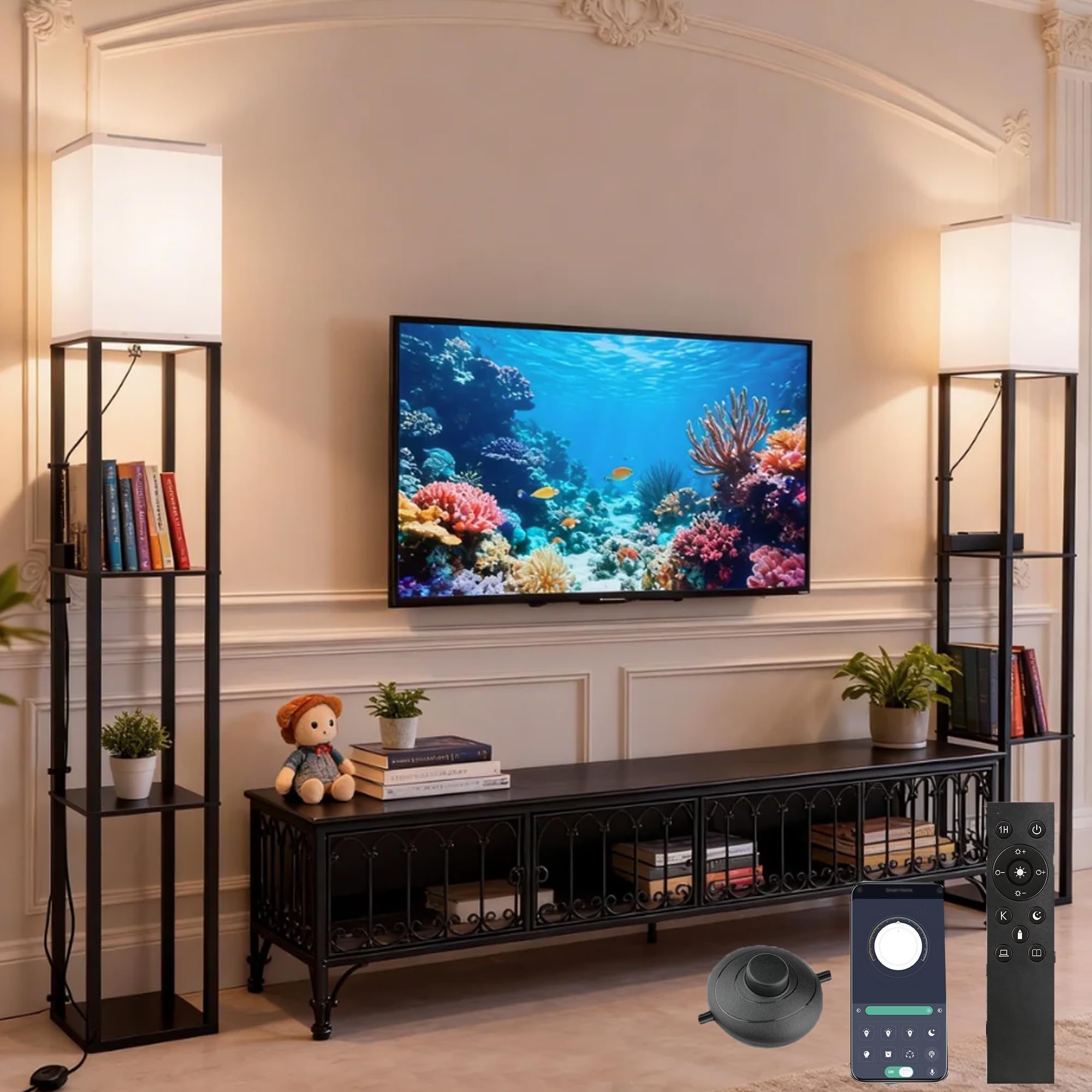 Black Floor Lamp With Shelves/Remote/App Control, Dimmable Led Standing Corner Display Bookshelf Lamp with 1USB & 1 Type C Ports