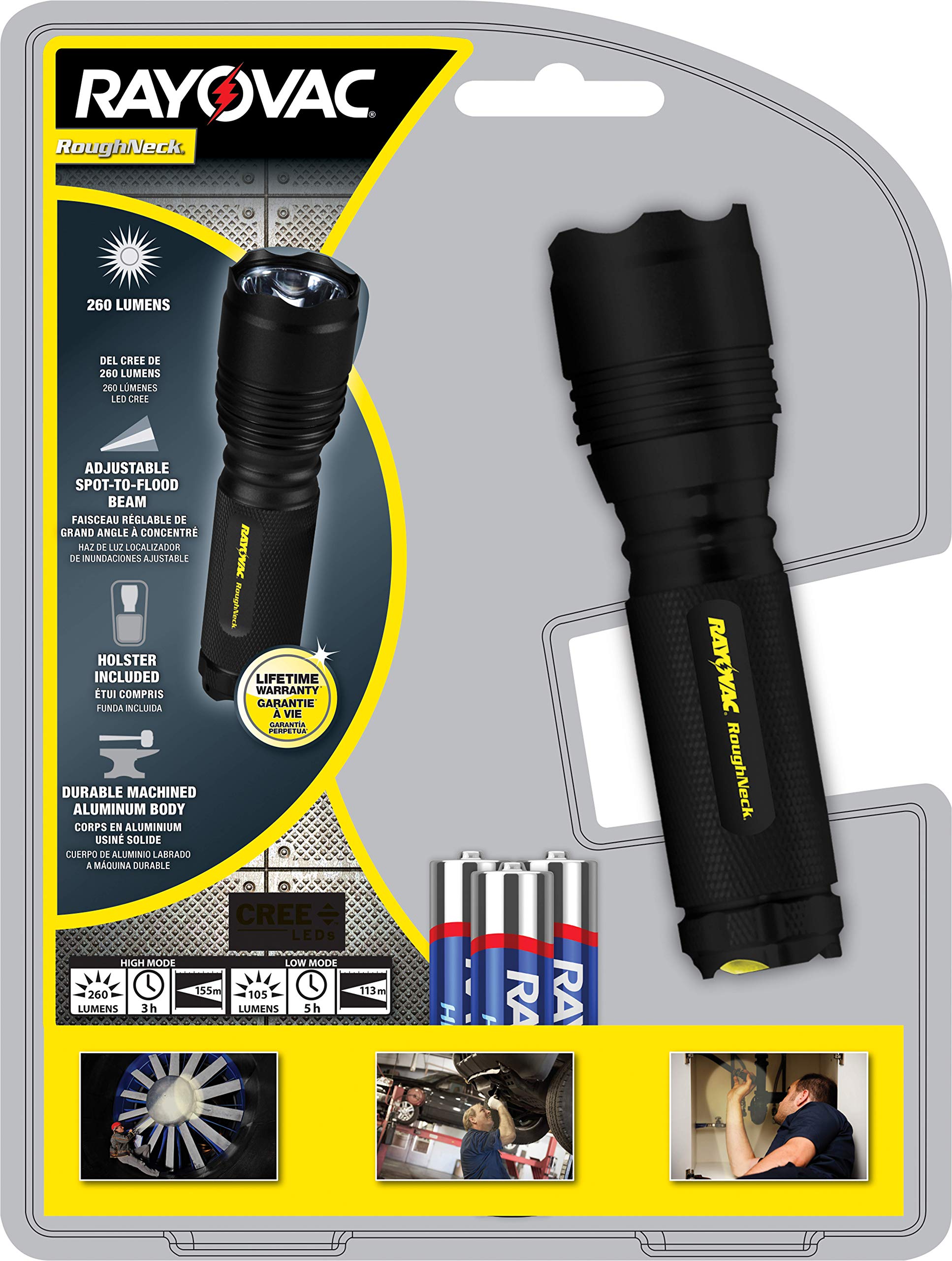Rayovac Roughneck LED Flashlight, 220 Lumen, Aircraft Grade Aluminium, Black, Model RN3AAA-BXT, EDC with Holster & AAA Batteries Included