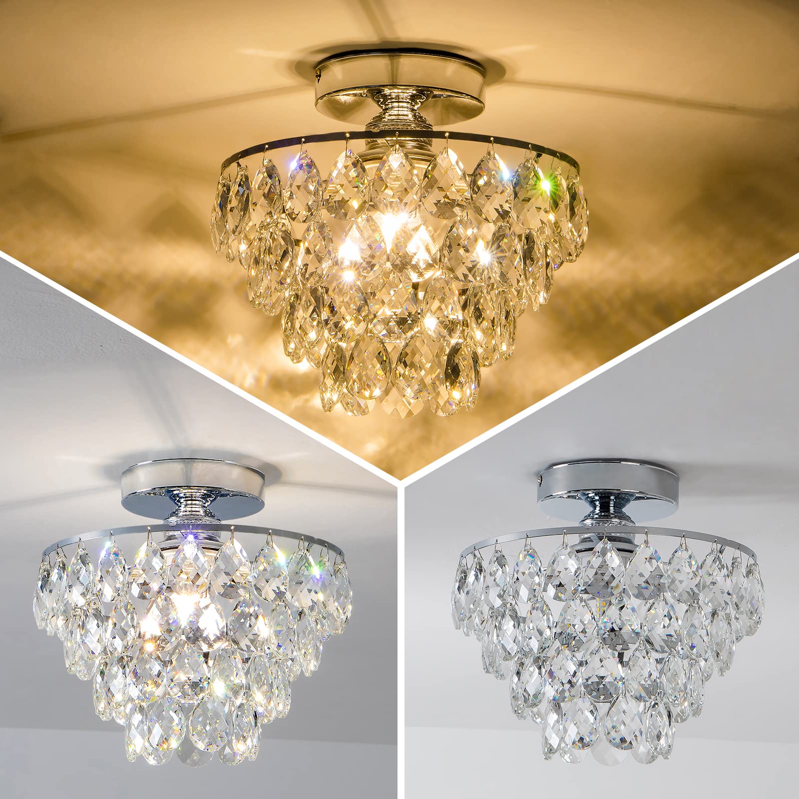 Cm Mzy Mini Crystal Chandelier Ceiling Light, Chrome Flush Mount For Bedroom, Bathroom, Kitchen