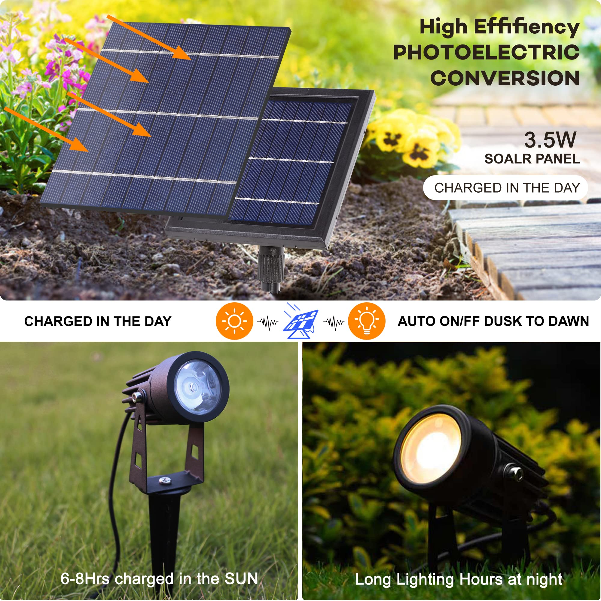 SUNLONG Solar-Powered LED Spotlight - Warm White Aluminum Uplight for Outdoor Garden, Model SL071