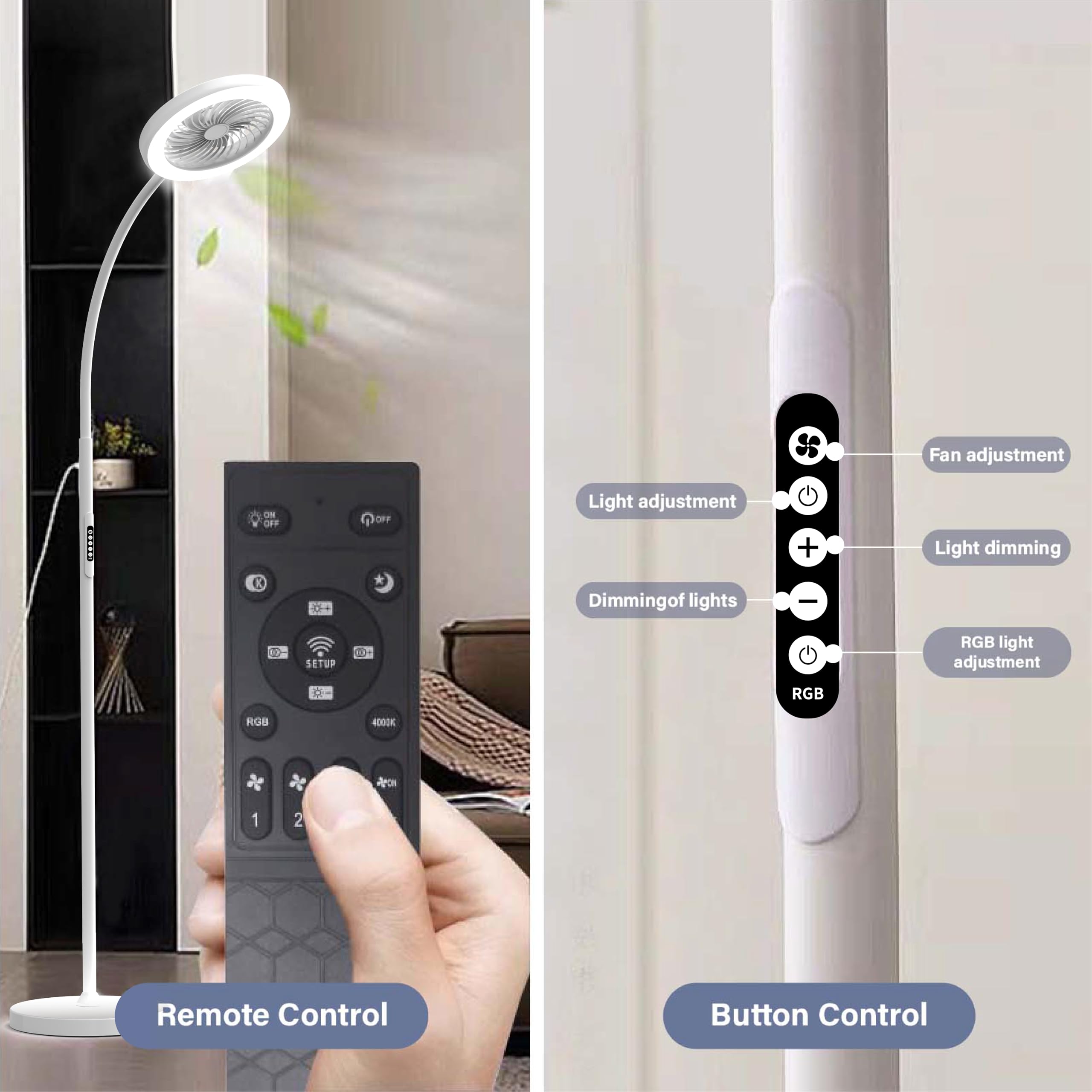 ONIDEK LED Floor Lamp with Fan & RGB Light, Adjustable 3000K-6000K, Remote Control, White, Model LDFS