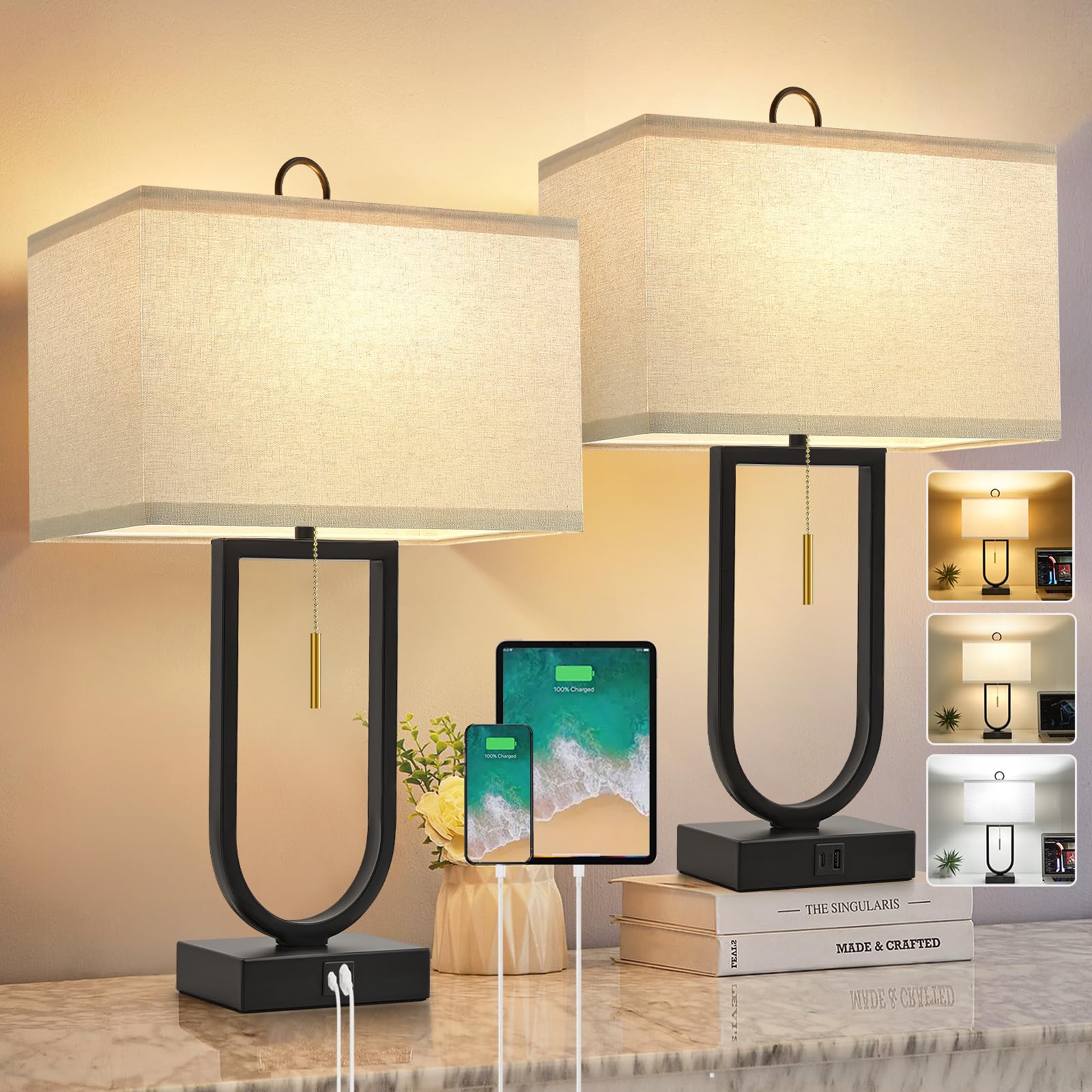 Luvkczc 24'' Table Lamps Set of 2 with USB C+A Ports, 3-Way Dimmable Tall Modern Lamps for Night Stands, Contemporary Lamp for Living Room Home Office, Pull Chain Switch&2 LED Bulbs Included