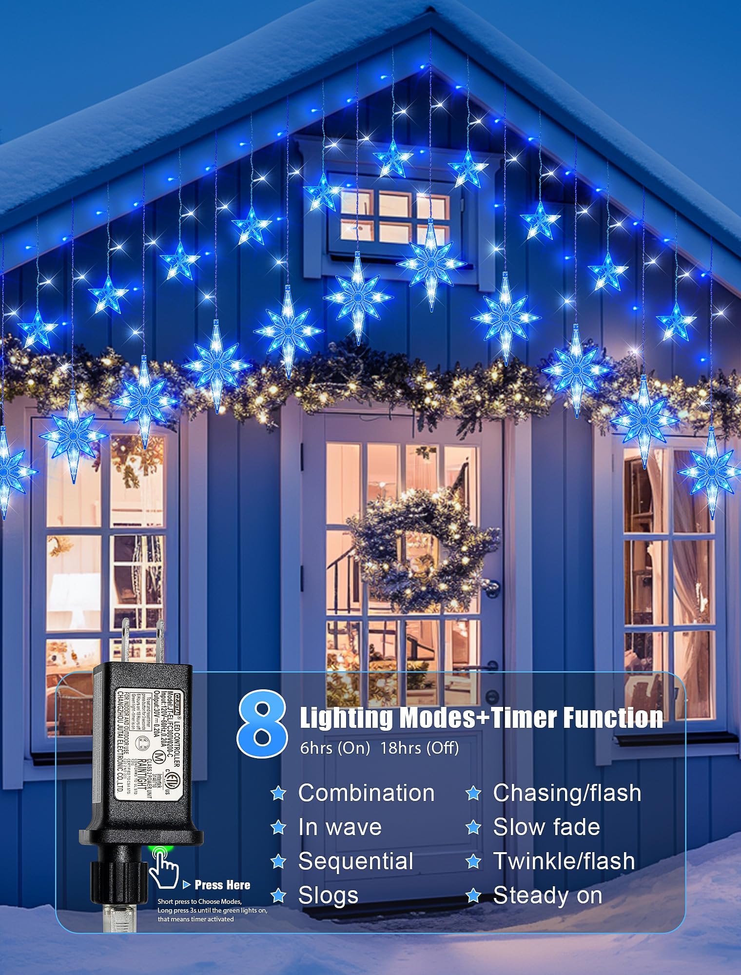 BEEWIN Star Icicle Lights - 126 LED Waterproof Hanging String Lights, Blue White, 8 Modes for Outdoor, Wedding, Party Decor