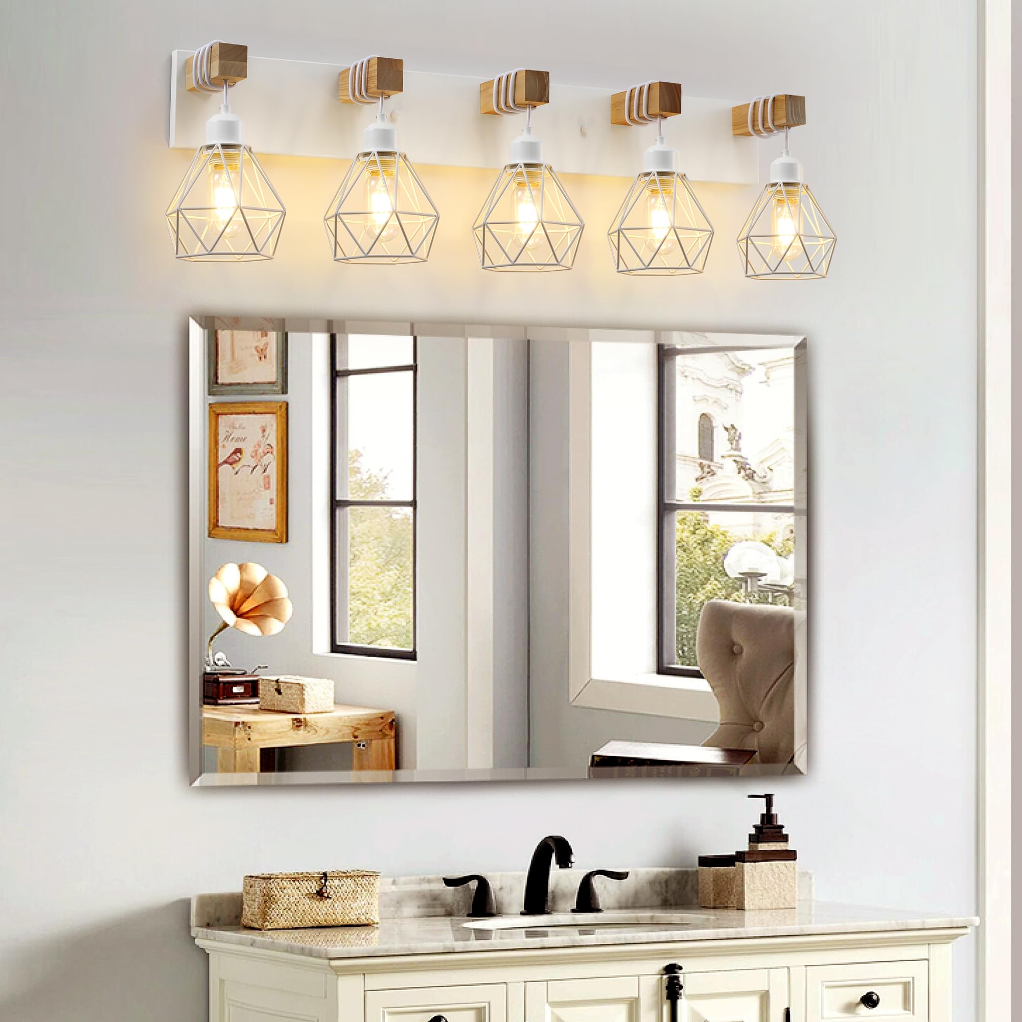 maesta Farmhouse Bathroom Vanity Light Fixture 5-Light Metal Sconces Over Mirror White