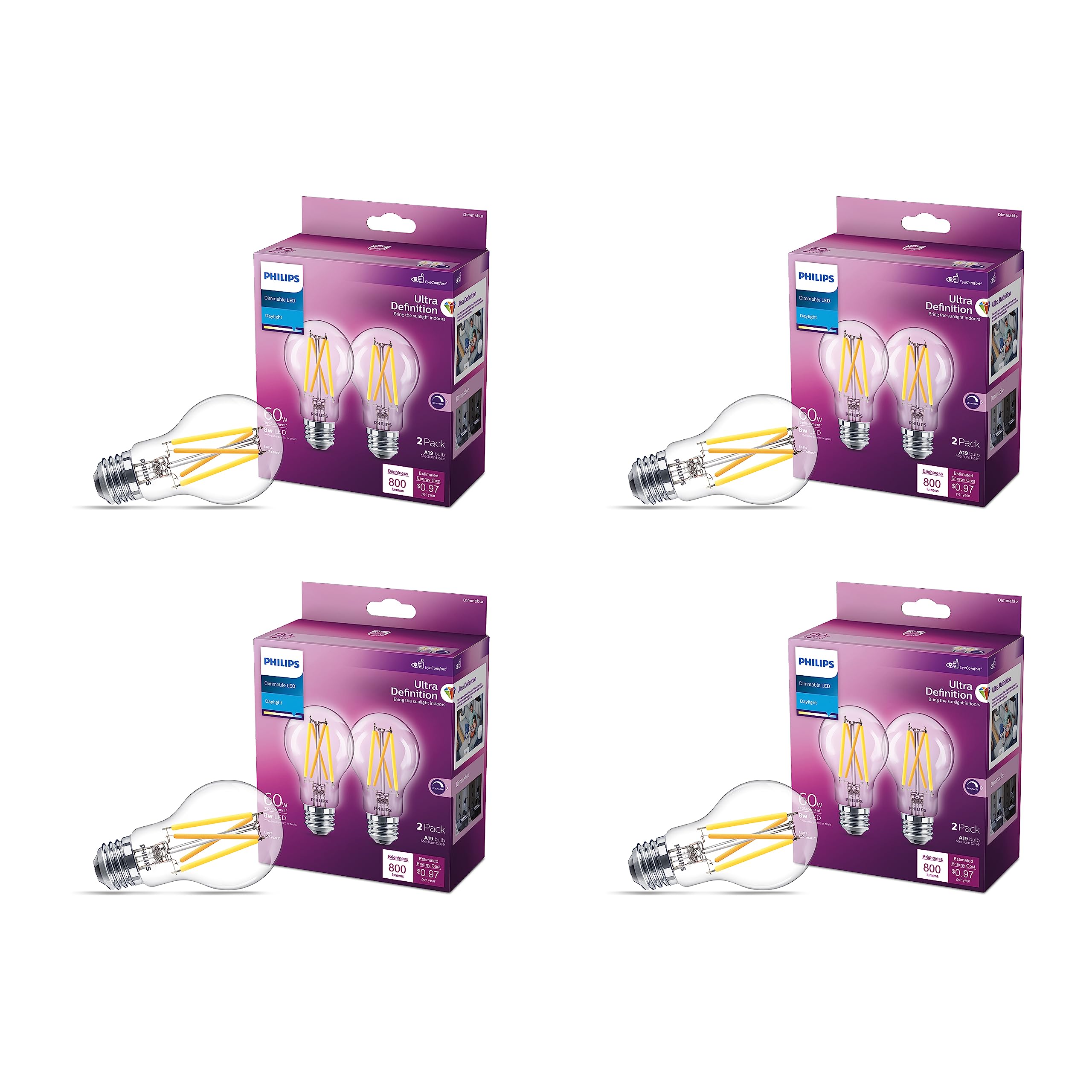 Philips Led Flicker-Free Clear Dimmable A19 Light Bulb - Eyecomfort Technology - 800 Lumen - Daylight (5000K) - 8W=60W - E26 Bas