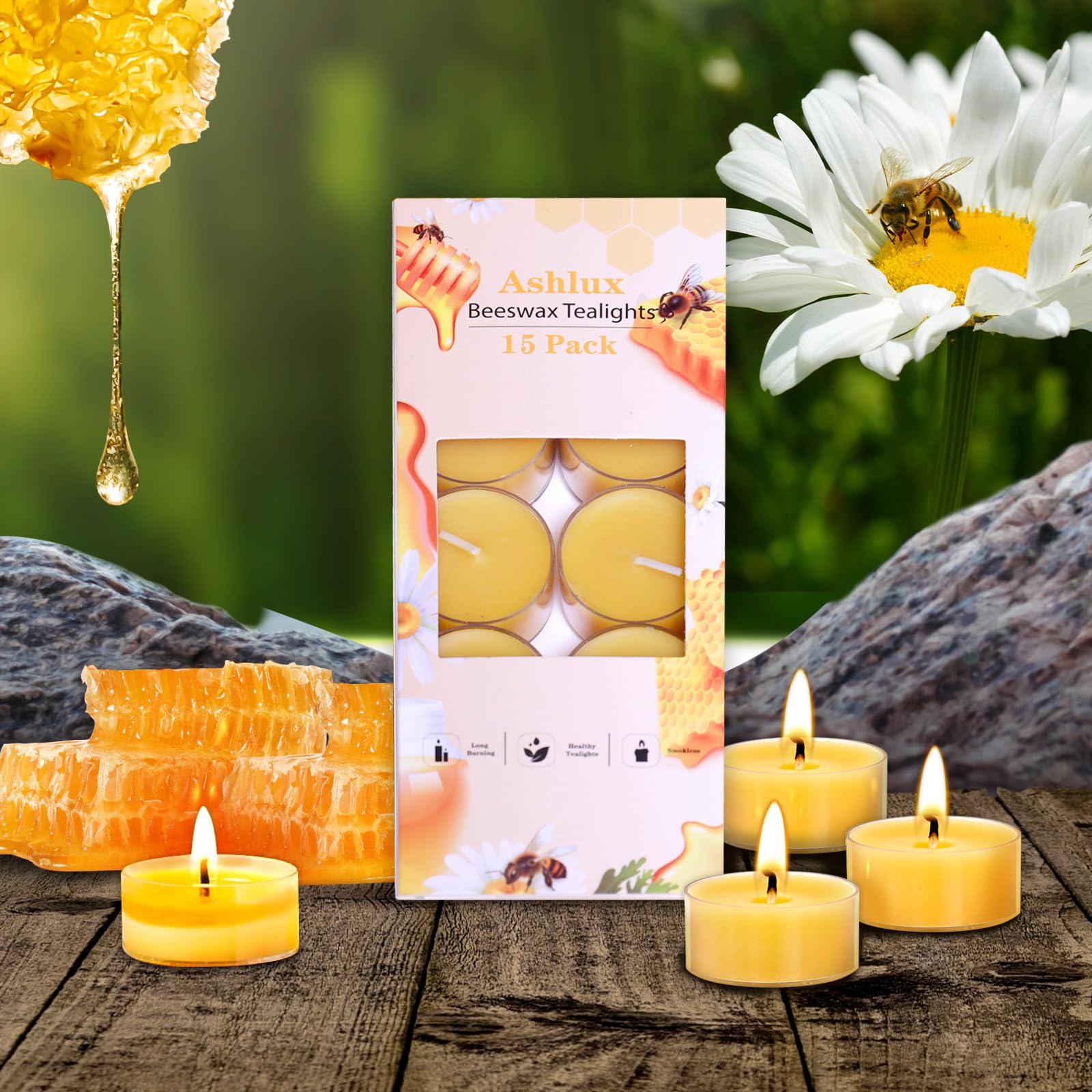 Ashlux Beeswax Tealight Candles, Unscented, 15 Pack, Yellow, 4 Hours Burn Time, Handmade, Clear Cups