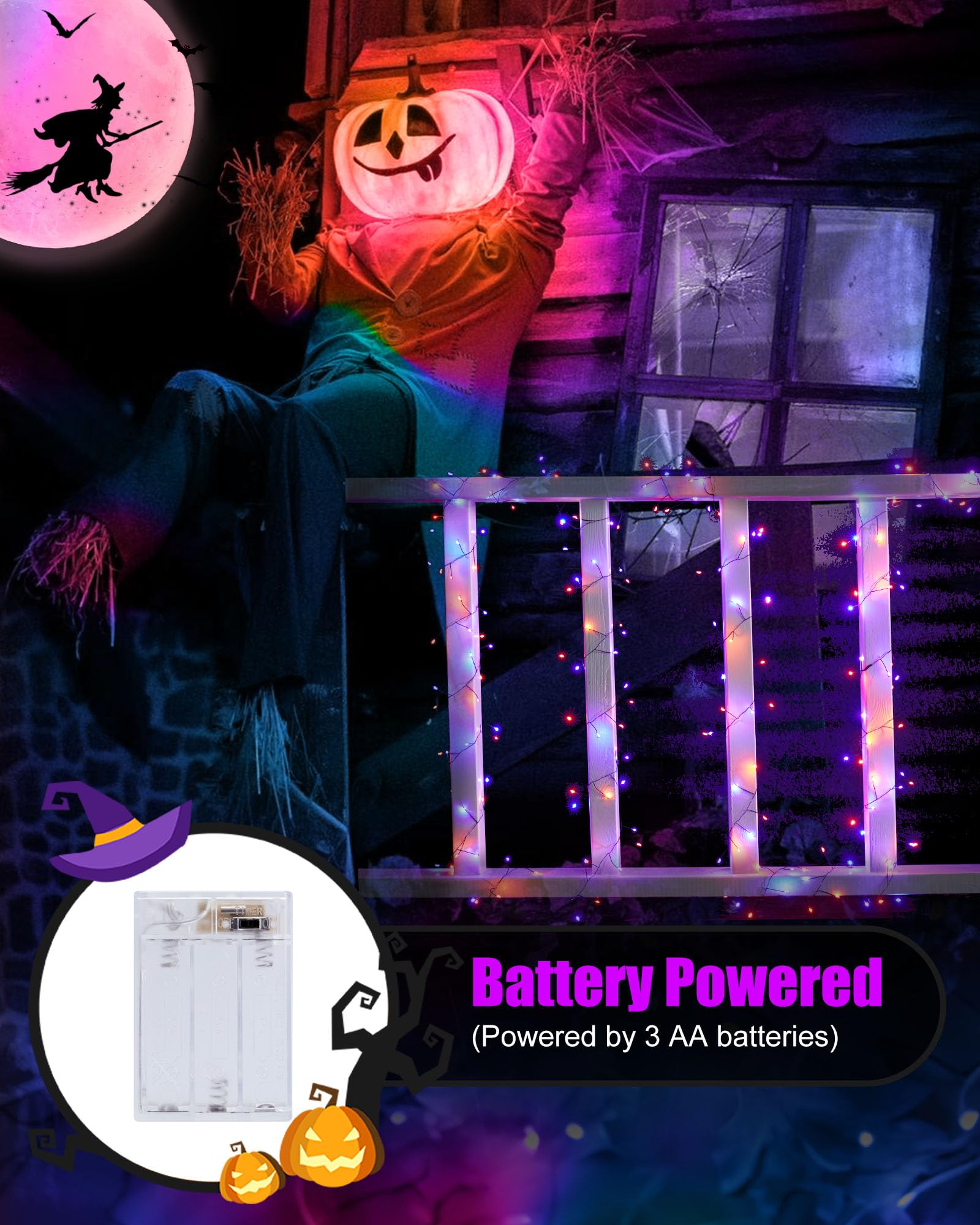Fairy Lights Battery Operated  Twinkle String Lights Waterproof Silver Wire 5 Feet 60 Led Fire er Starry Lights For Diy Wreath Party Bedroom Mason Jar Indoor Halloween Decoration  Orange & Purple