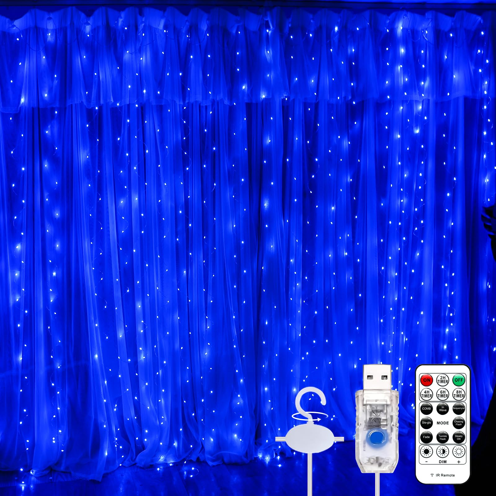 SINAMER Curtain Light USB Powered Fairy Lights, 9.8ft x 9.8ft, Copper Wire, 8 Lighting Modes, Remote Control, Blue