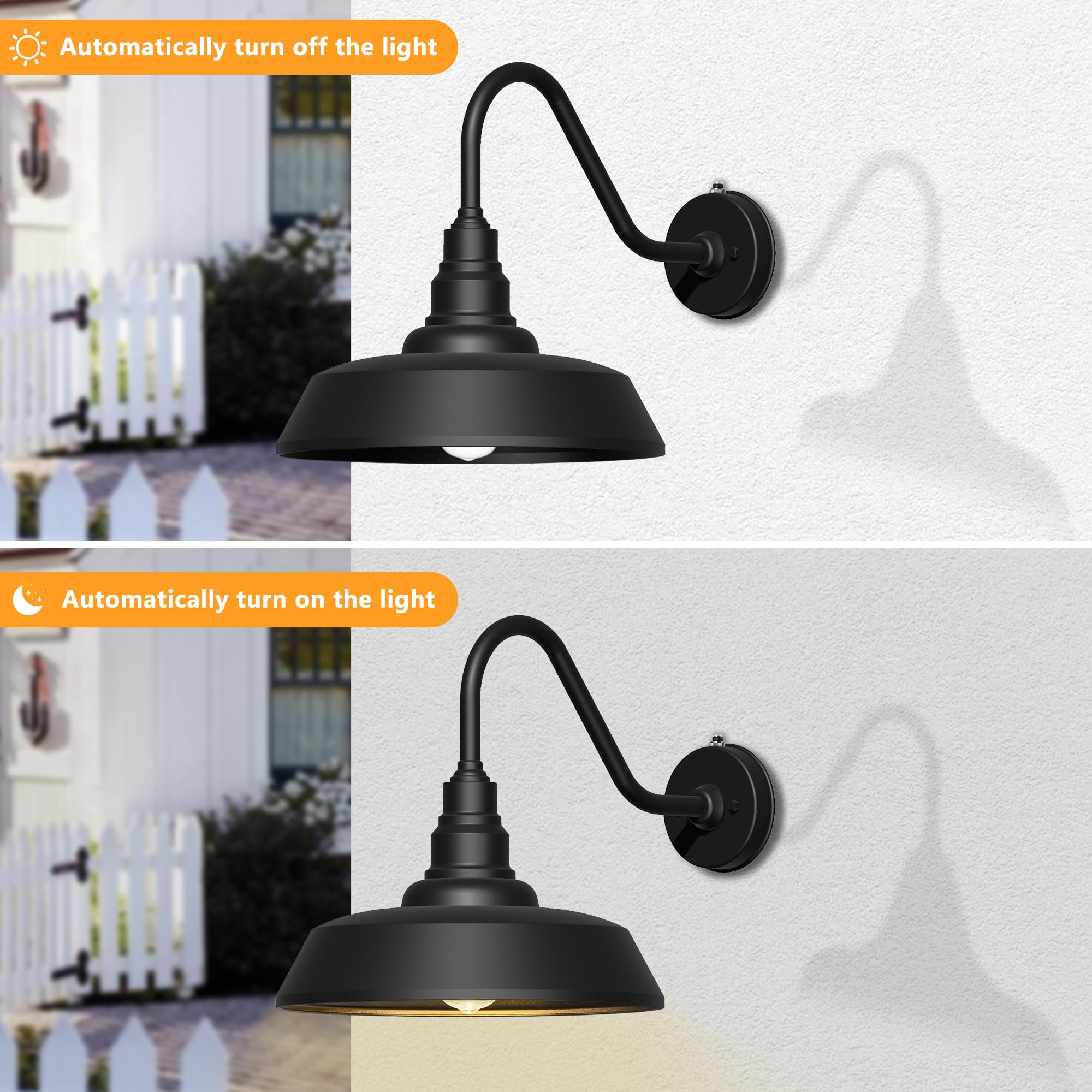 Franing 24 Inch Large Gooseneck Barn Light Outdoor Lights, Vintage Exterior Black Barn Light With Dusk To Dawn Sensor For Farmho