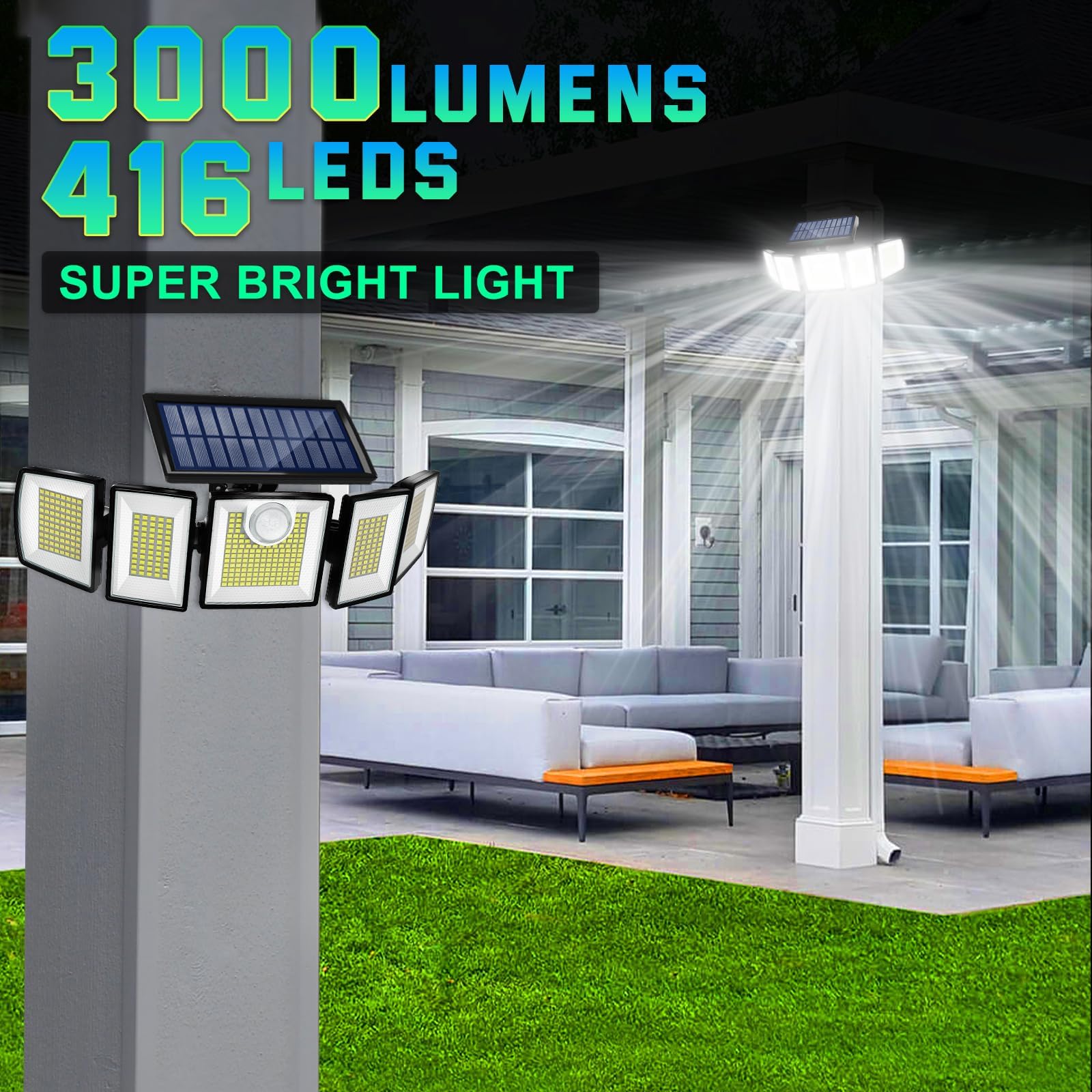 MDCMDCM Solar Lights Outdoor Motion Sensor 416 LEDs 3000 Lumens 1 Pack Black Plastic