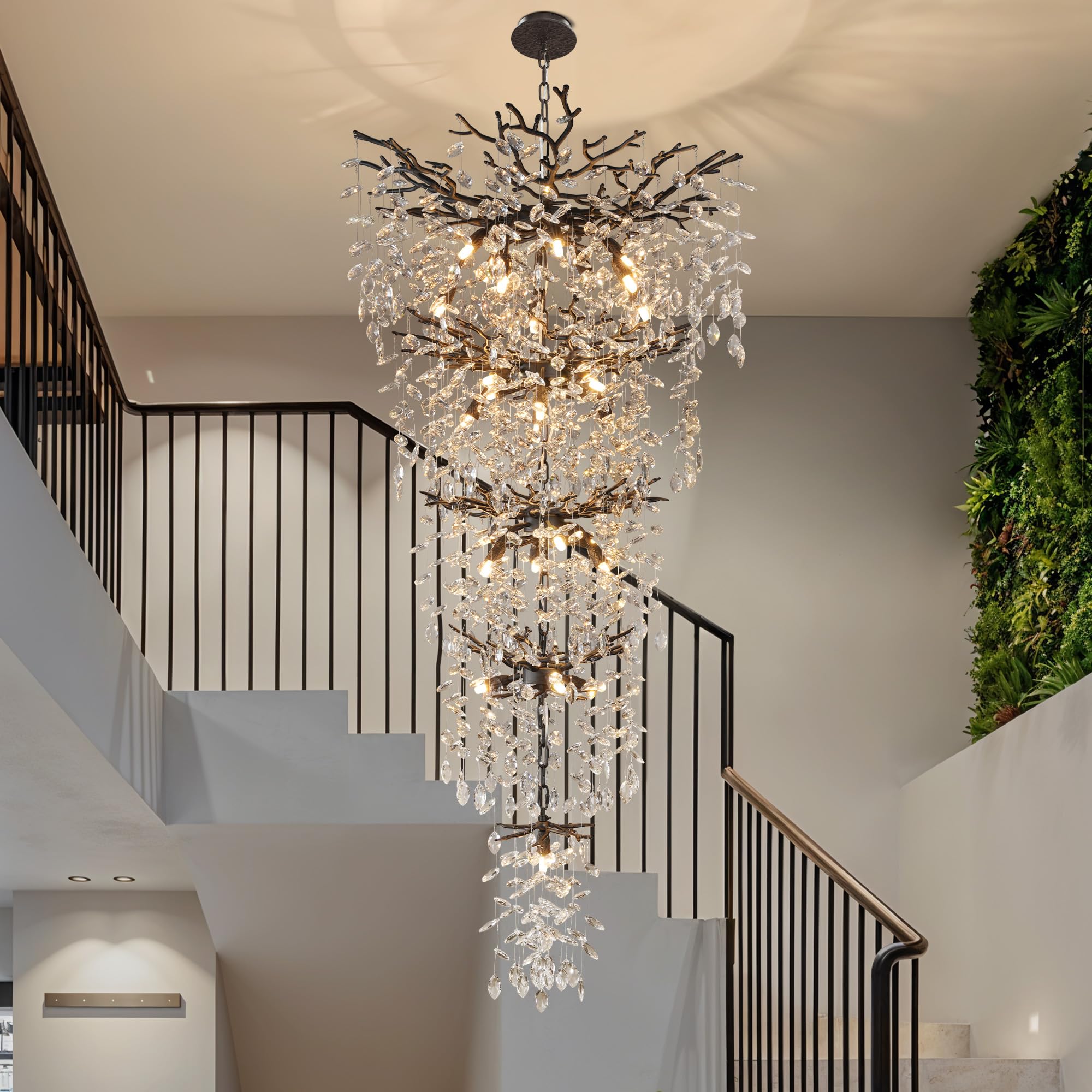 118'' Long Crystal Chandelier For High Ceiling, 28-Light Black Tree Branch Chandelier, Modern Large Chandeliers For Staircase Fo