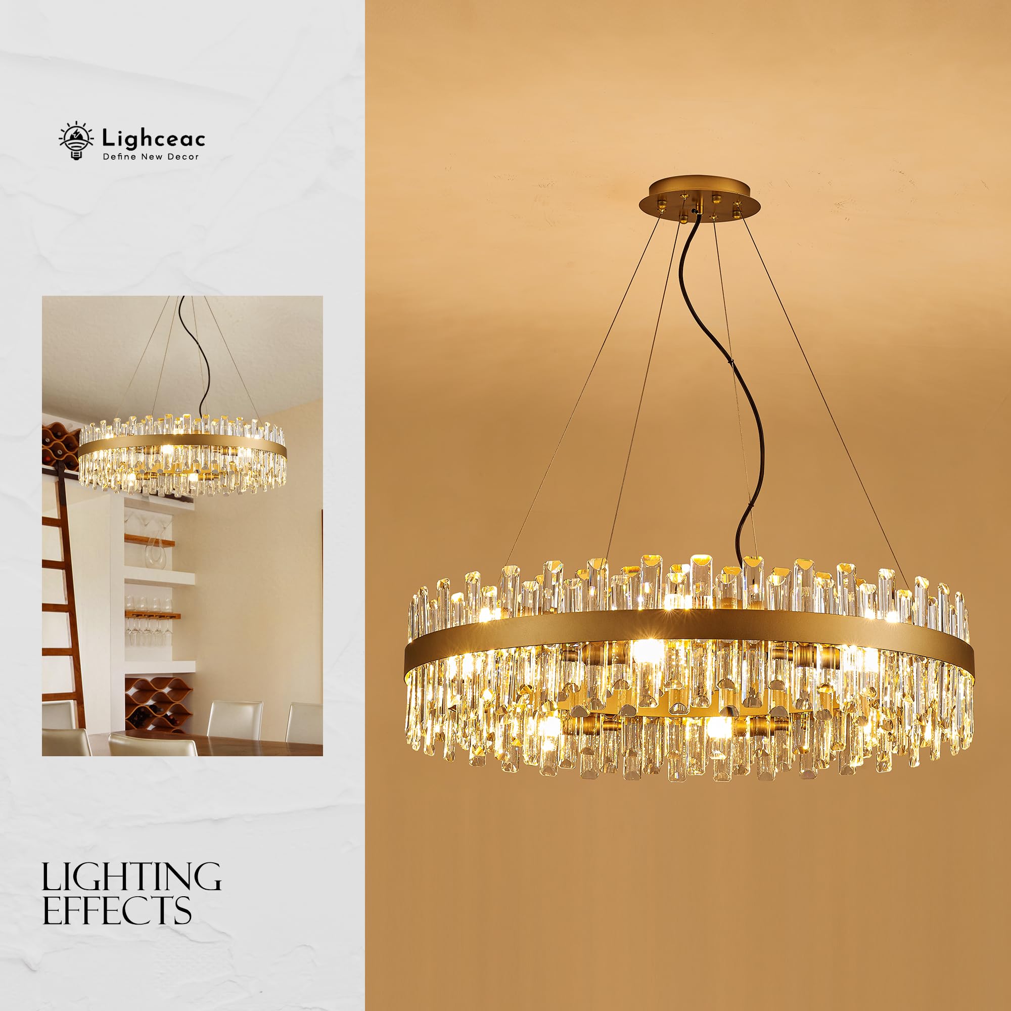 lighceac 31.9" Gold Modern Crystal Chandelier - 16-Light Luxury Pendant for Dining Room, Kitchen, Living Room, Model LX-2409-16A