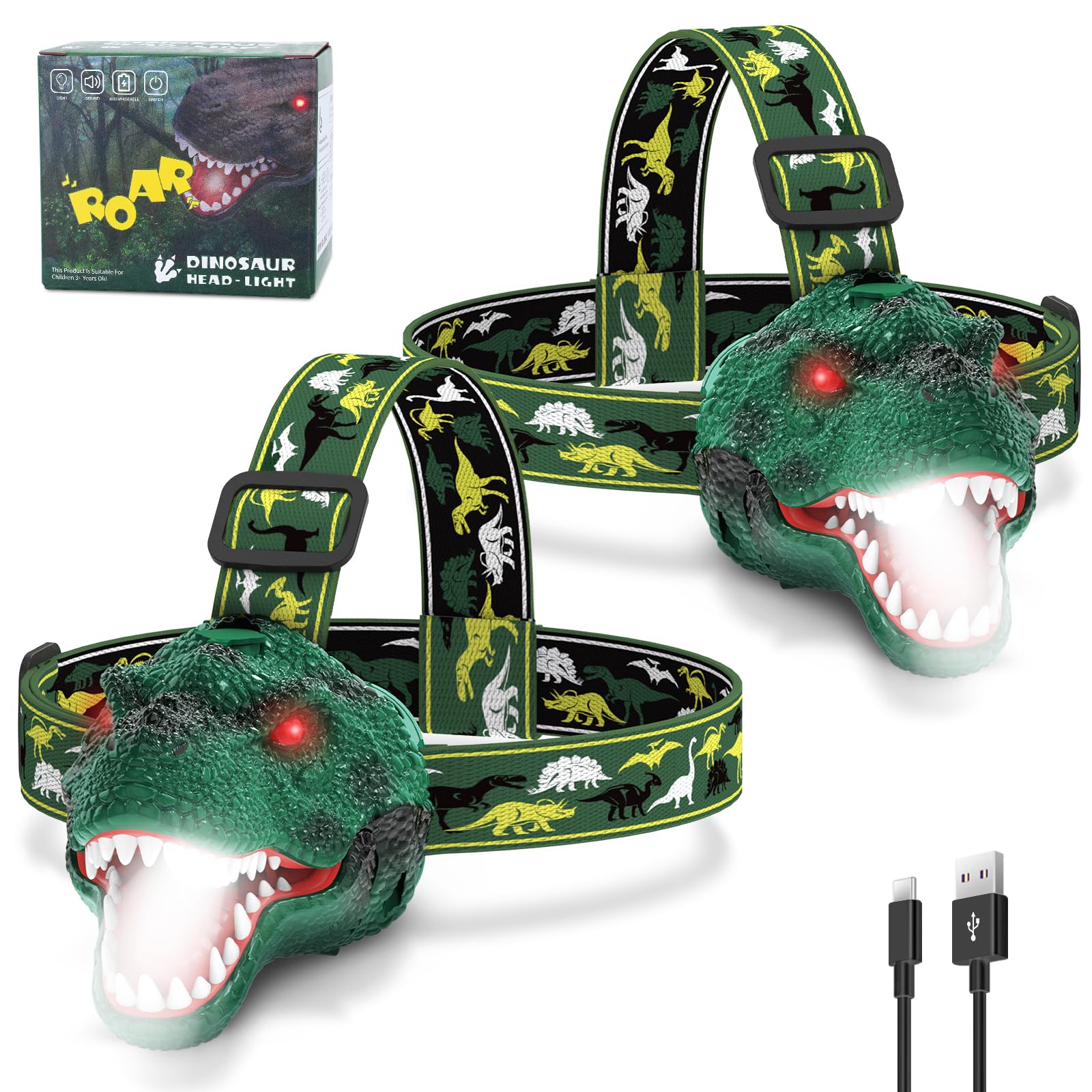 Nitigo Spray Dinosaur Headlamp for Kids Flashlight 2 Pack, Rechargeable Led Headlights Roar & Silent Mode, T-Rex Dinosaur Toys, Camping Gear, Gifts for Boys Girls Adults