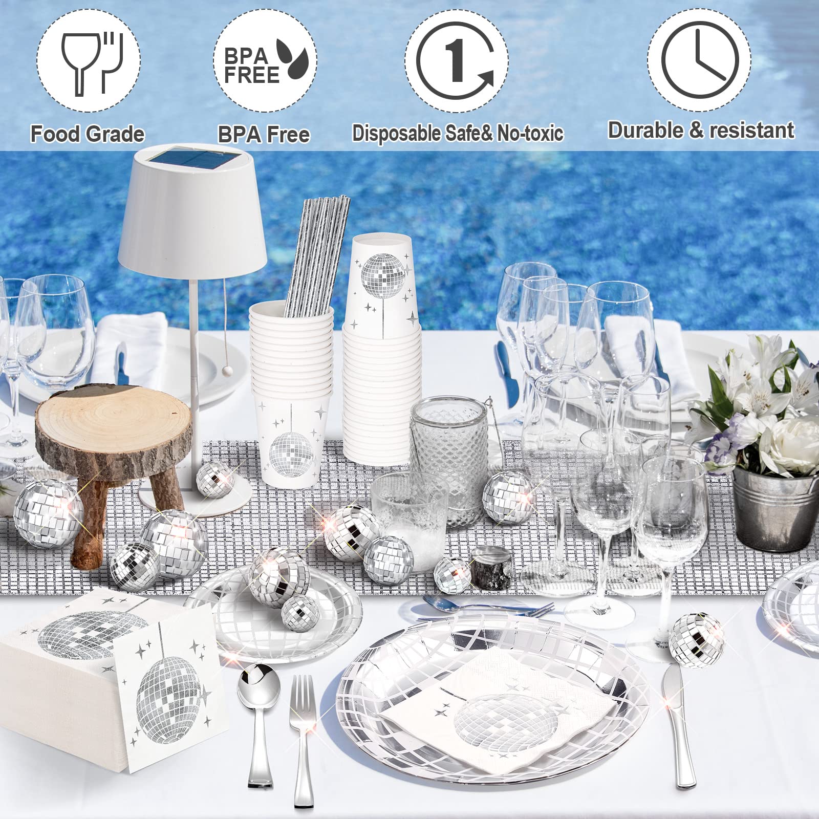 Marsui Disco Party Decor Set - 121 Pcs with 25 Disco Balls, Paper Plates, Cups, Napkins, and Table Runner - Silver