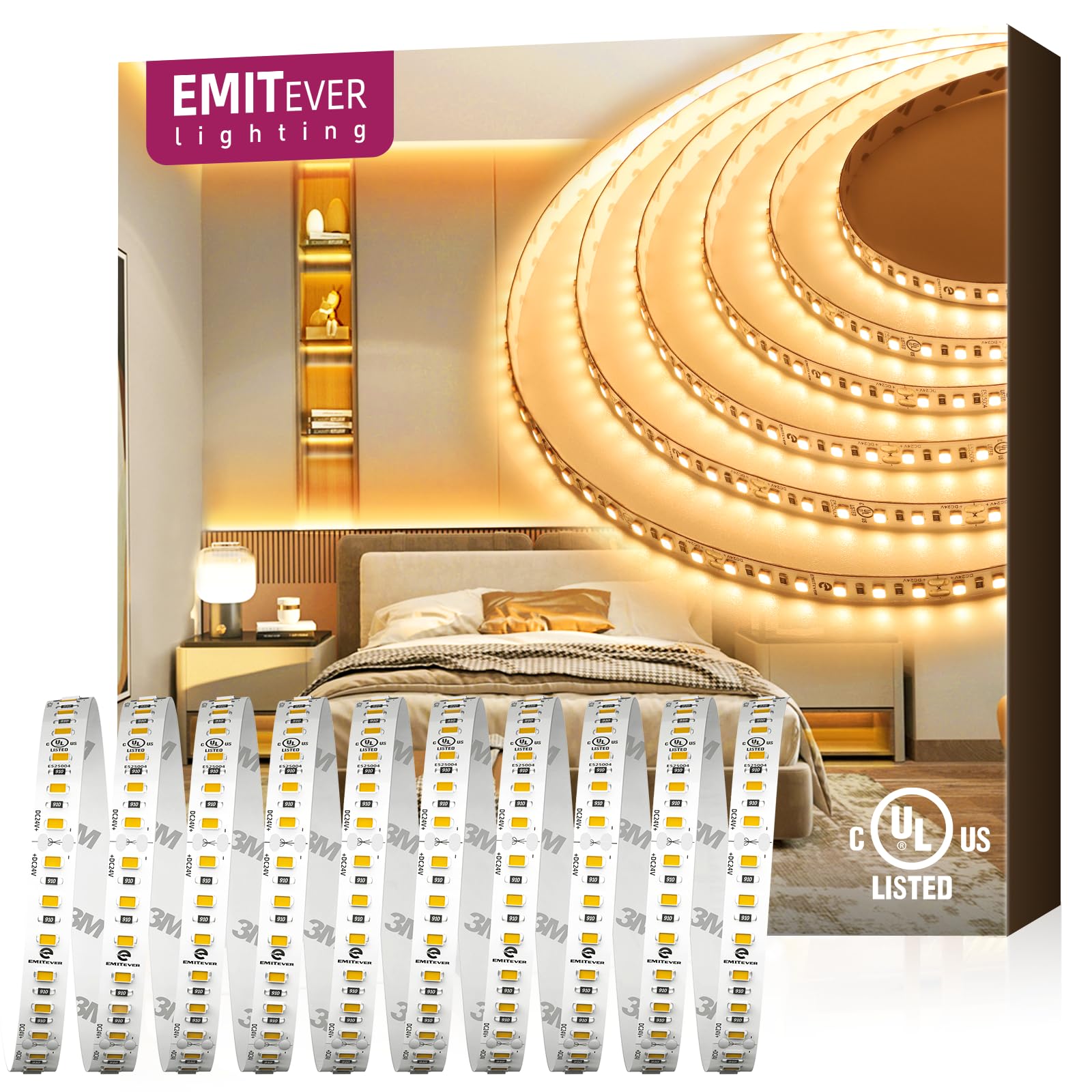 EMITEVER LED Band Lights 2700K  UL 24V LED Tape Light Warm White  Ra 95+  IP30  32.8ft  2.9W/ft  240+Lumens/ft  1200LEDS/Spool  UL Listed 5 Year Warranty (Power Supply Sold Separately)