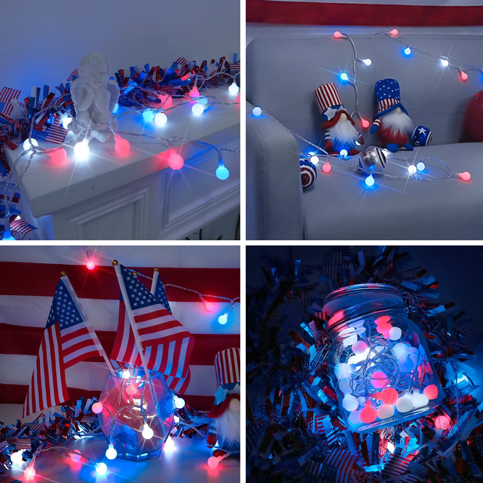 suddus Fairy Lights, 50 LED Battery Powered String Lights, Red White and Blue for Indoor and Outdoor Use