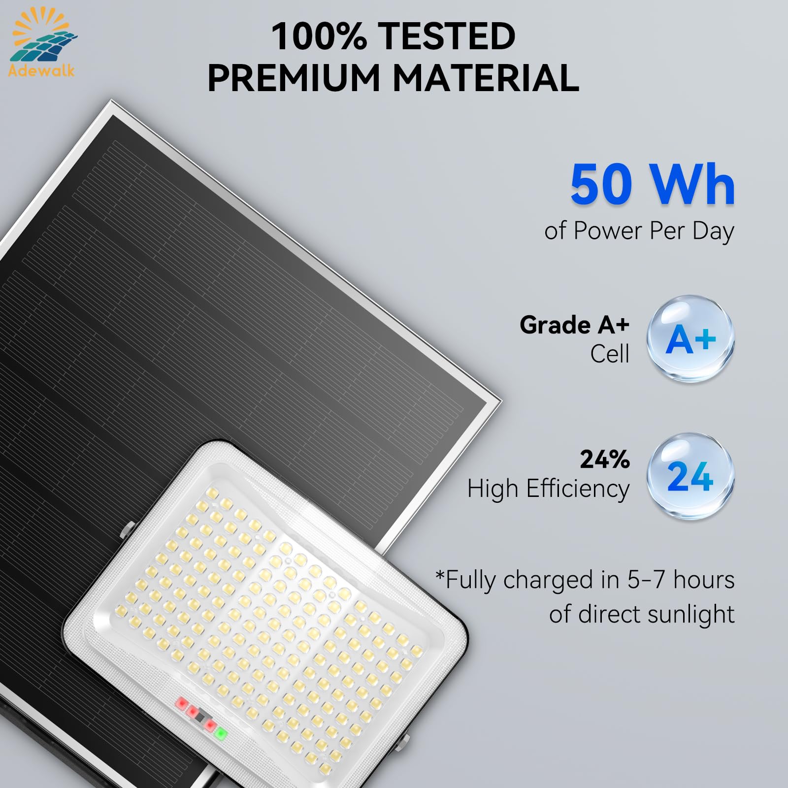 Adewalk Outdoor Solar Flood Light, 150 LEDs, Motion Sensor, IP65 Waterproof, 2000W, Black, Model XC150, 16ft Cable