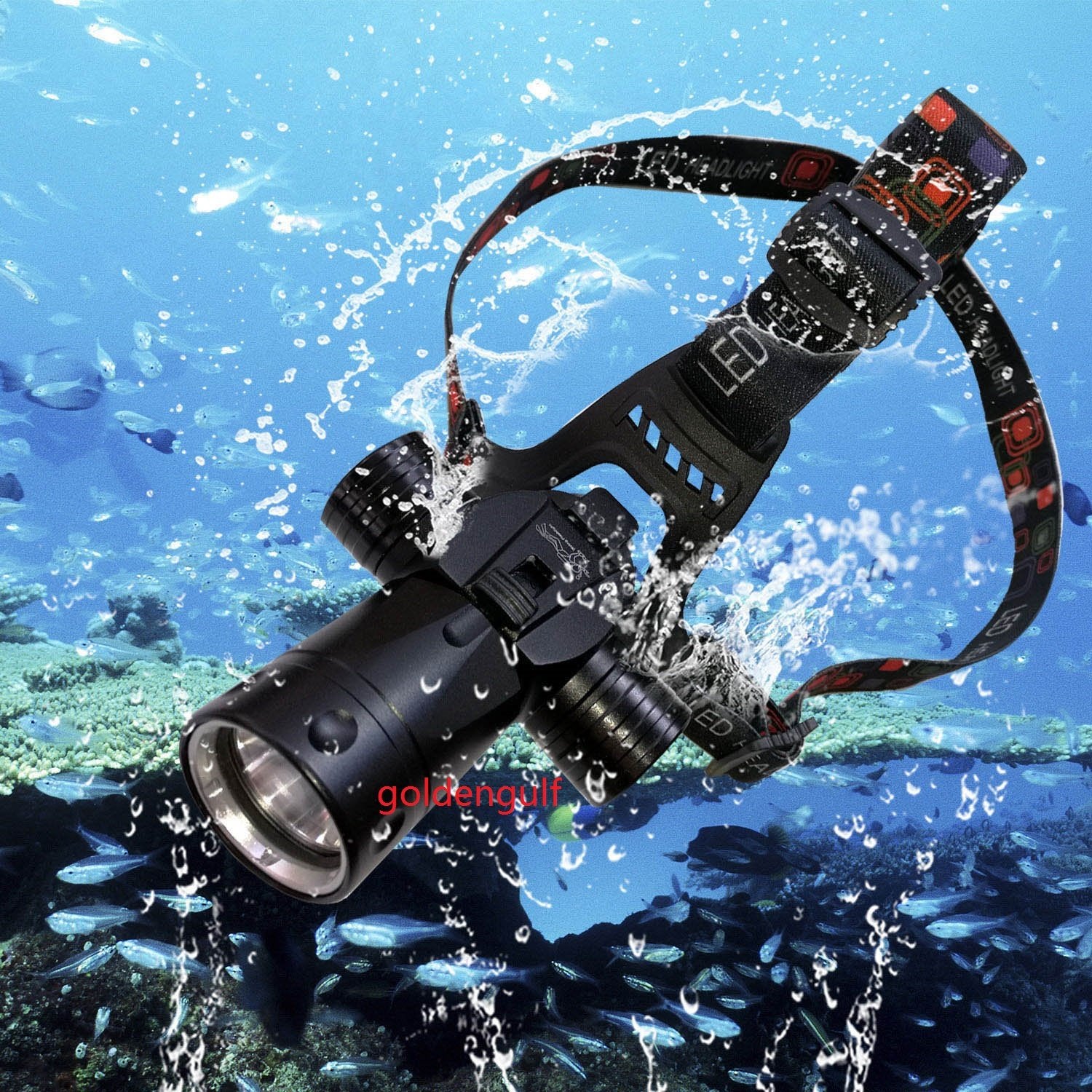 Goldengulf Rechargeable Aluminum Waterproof Diving Swimming Hiking Camping Hunting Fishing Headlamp Underwater 1800 Lumen Safety