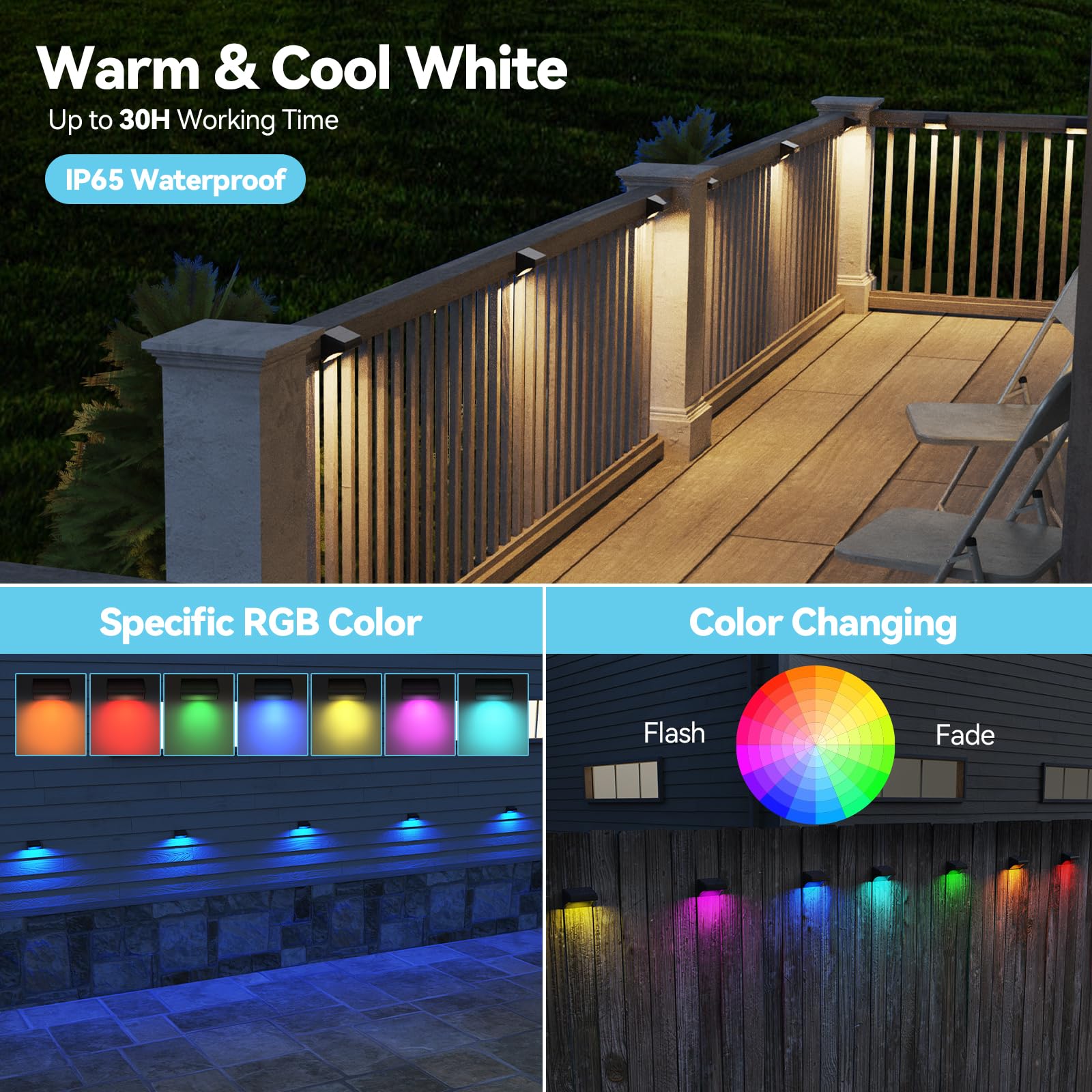 Bridika Solar Fence Lights - 8 Pack Waterproof Warm & RGB LED Outdoor Wall Lights, Model QS31012 for Backyard, Patio, Deck, Pool