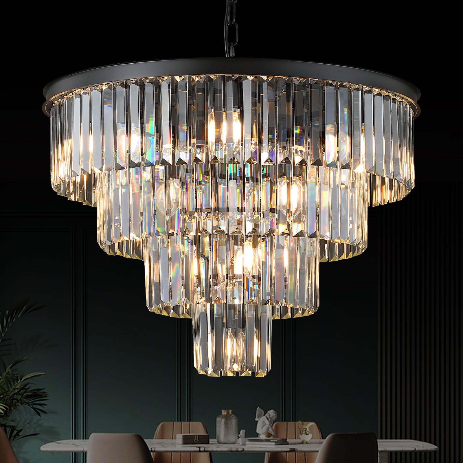 MERINEA Black Crystal Chandeliers 12 Lights Elegant 24 Round Chandelier 4-Tier Modern Ceiling Pendant Light Fixture K9 Crystal Lighting for Living Room Dining Room Staircase Foyer