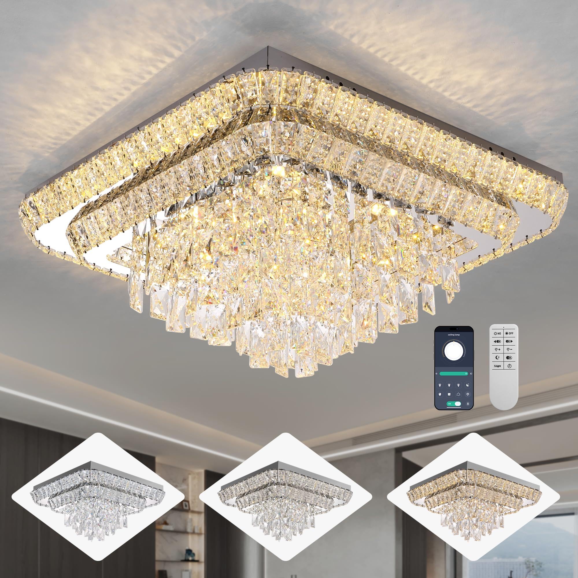 Miuyhji Elegant LED Crystal Raindrop Ceiling Light  24 in Square Flush Mount Chandelier with Remote for Living Room Kitchen Island Bedroom Hallway Entryway Foyer (Dimmable)