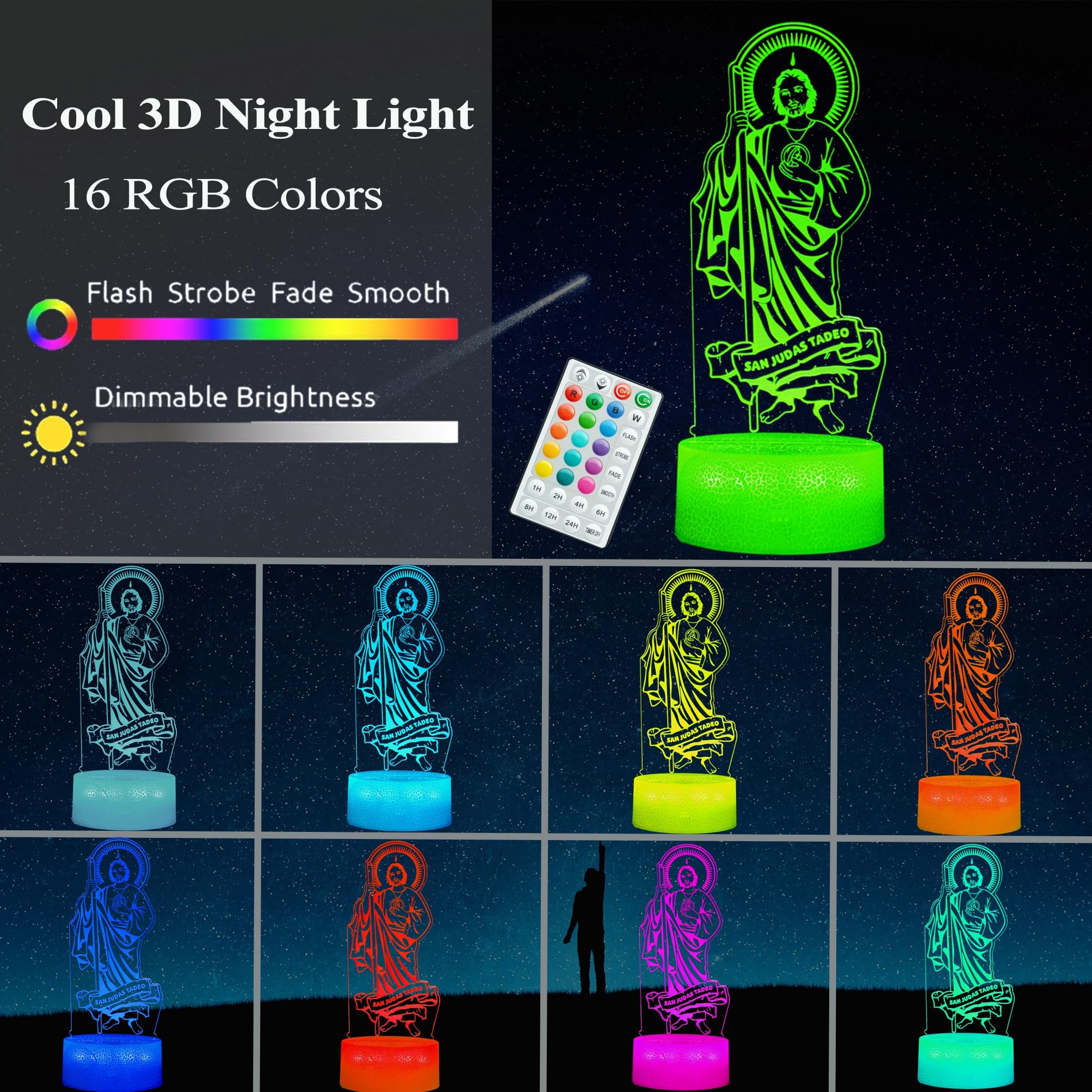 Posshe San Judas Tadeo Night Light  Jesus Gifts  3D Illusion Night Light With 16 Colors Changing  Remote Control With Timer  Kids Room Decoration For Holiday Birthday Christmas