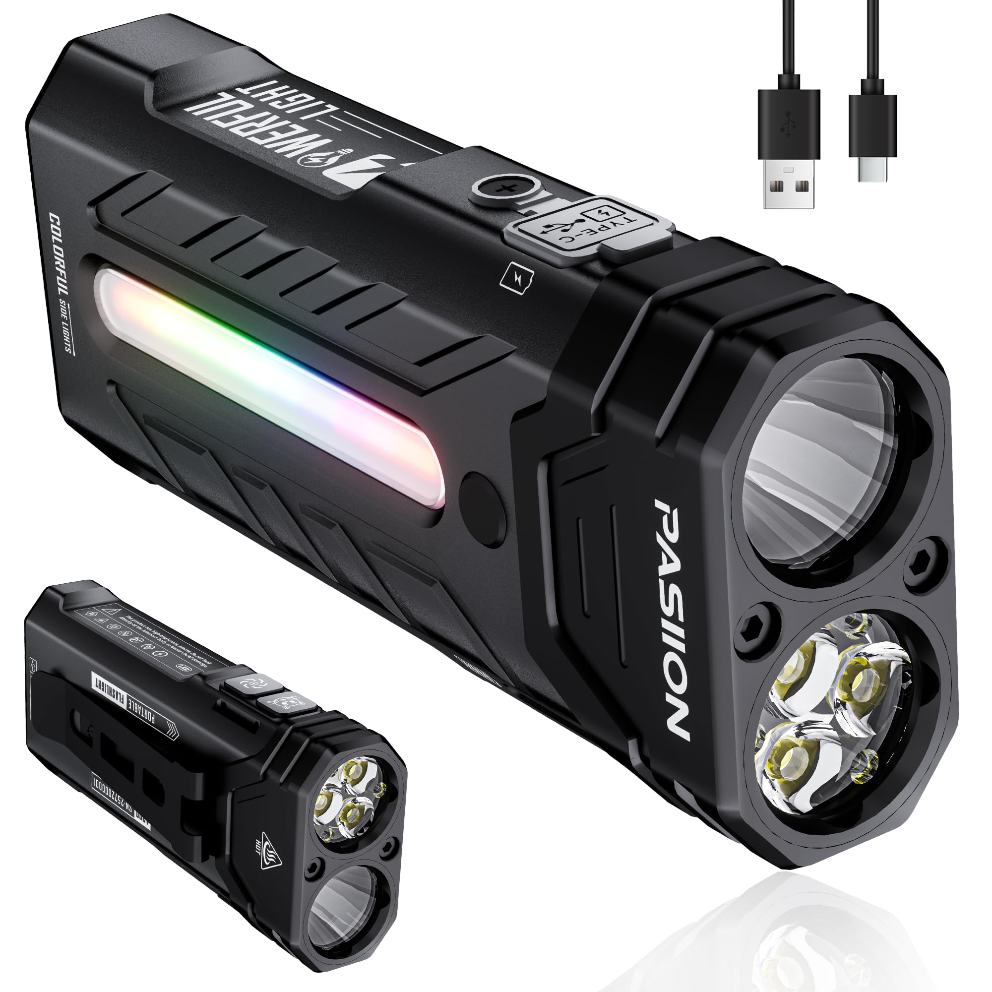 EDC Rechargeable Flashlight 3250 Lumens with RGB Light,55 Modes Multifunctional Flat Flashlight with Floodlight,Spotlight and Ma