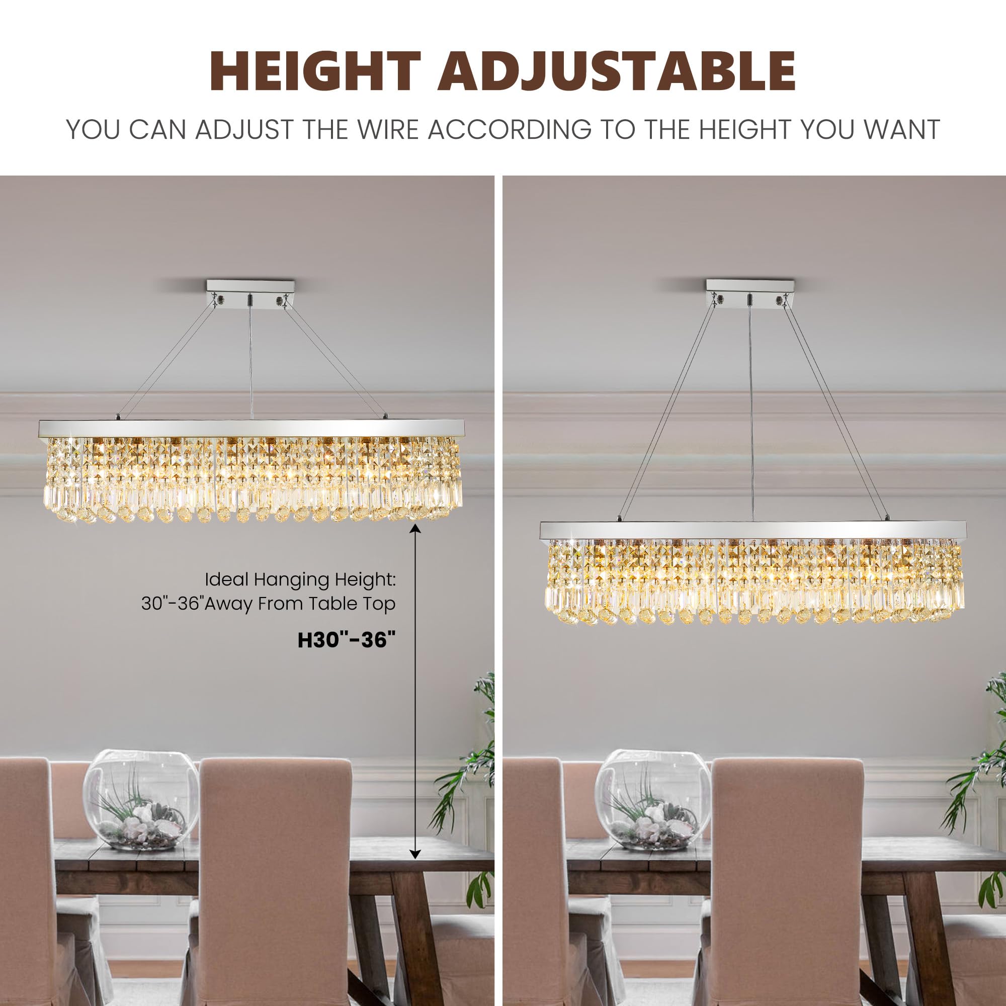 Tinkoso Crystal Chandelier For Dining Room,8-Light Modern Chandeliers,K9 Crystal Rectangle Chandelier,Farmhouse Pendant Light Fi