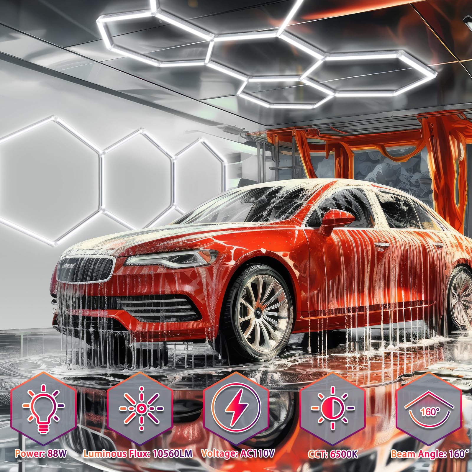 Brillihood Hexagon Garage Lights, Led Honeycomb Garage Lights, 456W, 54720Lm, 6500K Super Bright, 14 Grid Systems Car Detailing