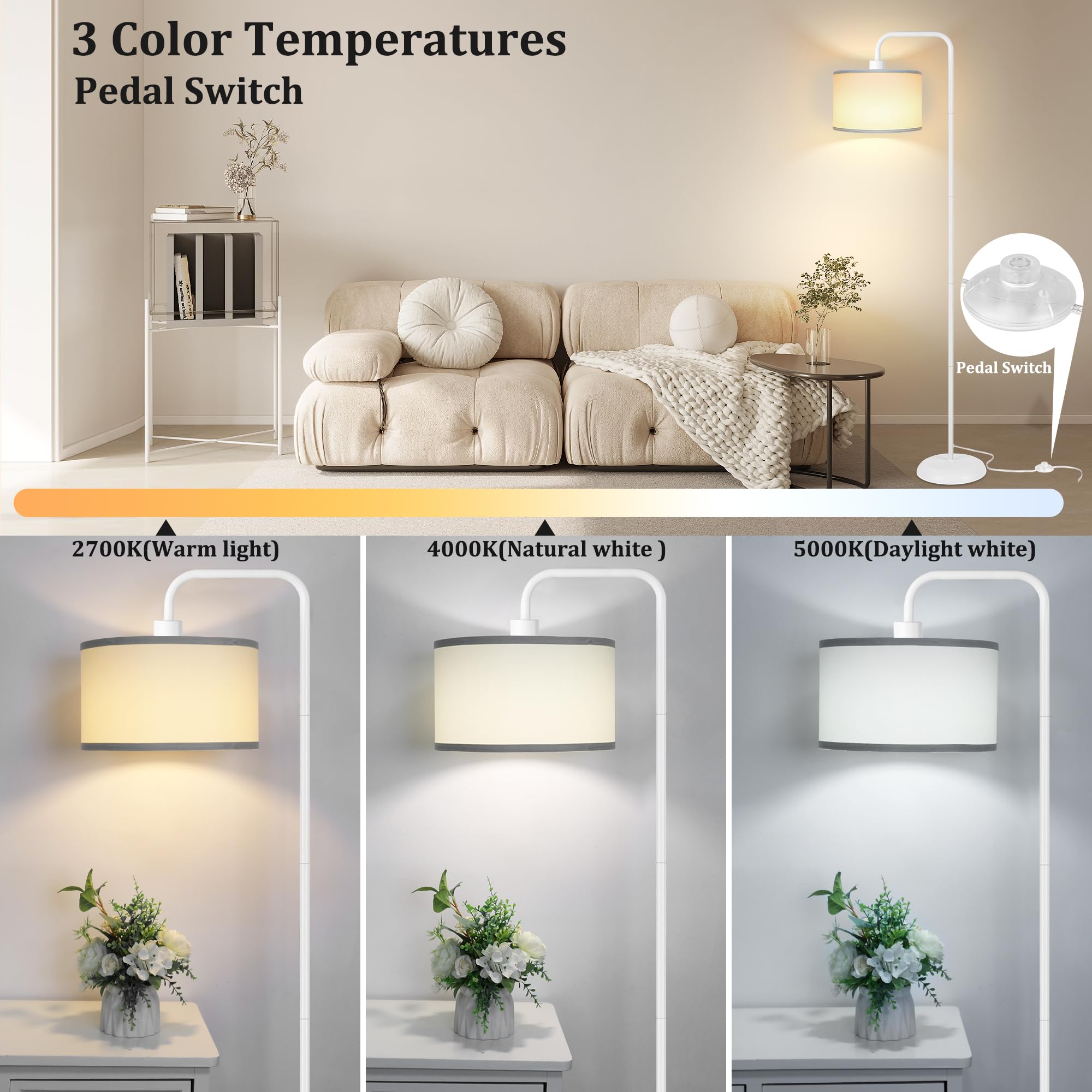 PARTPHONER LED Floor Lamp, 3 Color Temperatures, Foot Switch, Metal and Fabric, Modern Design, Model STR-FL-0162, White