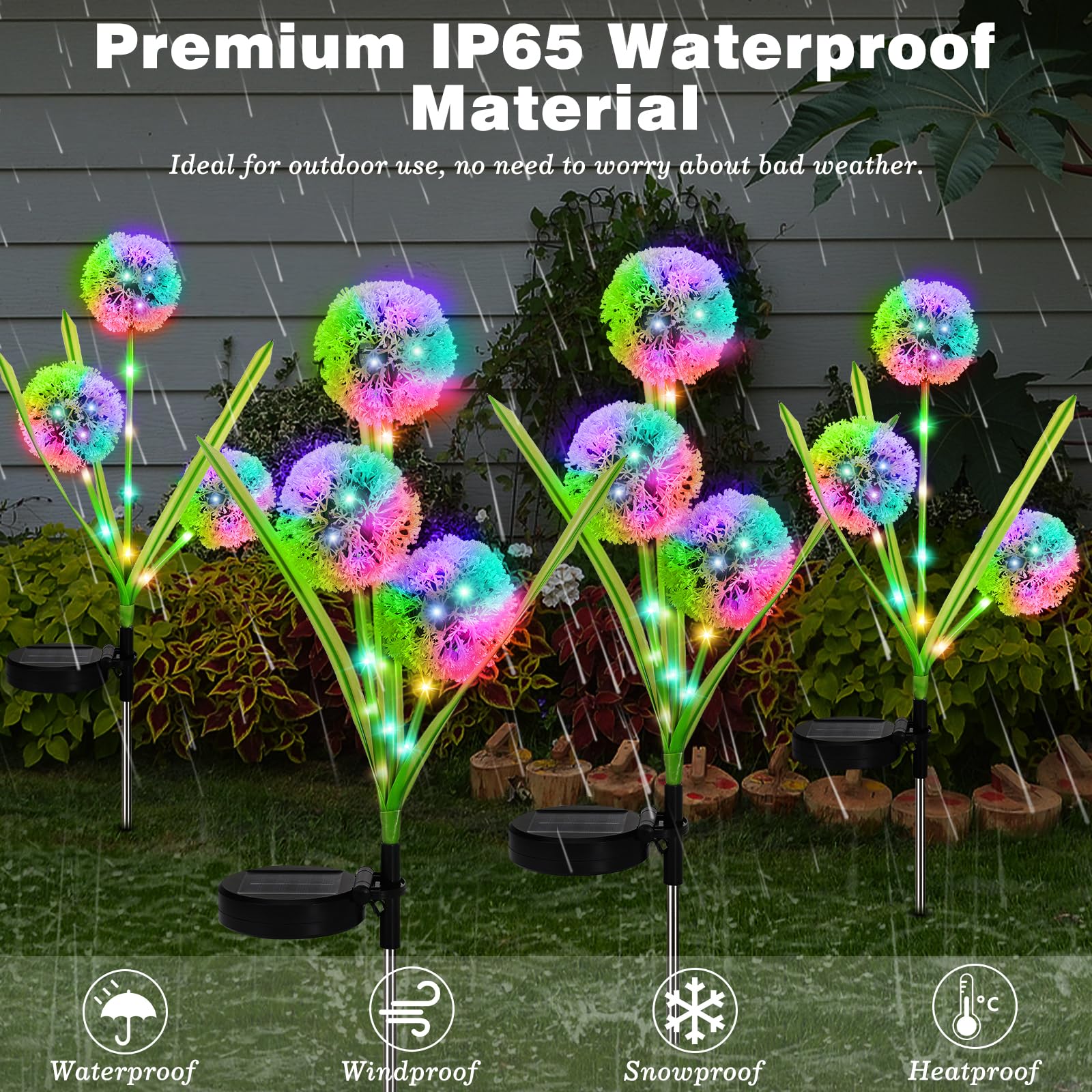 Lewondr 4 Pack Solar Garden Lights, Solar Flowers Lights With 4 Blooming Dandelion Flowers, Waterproof Solar Lights Outdoor For