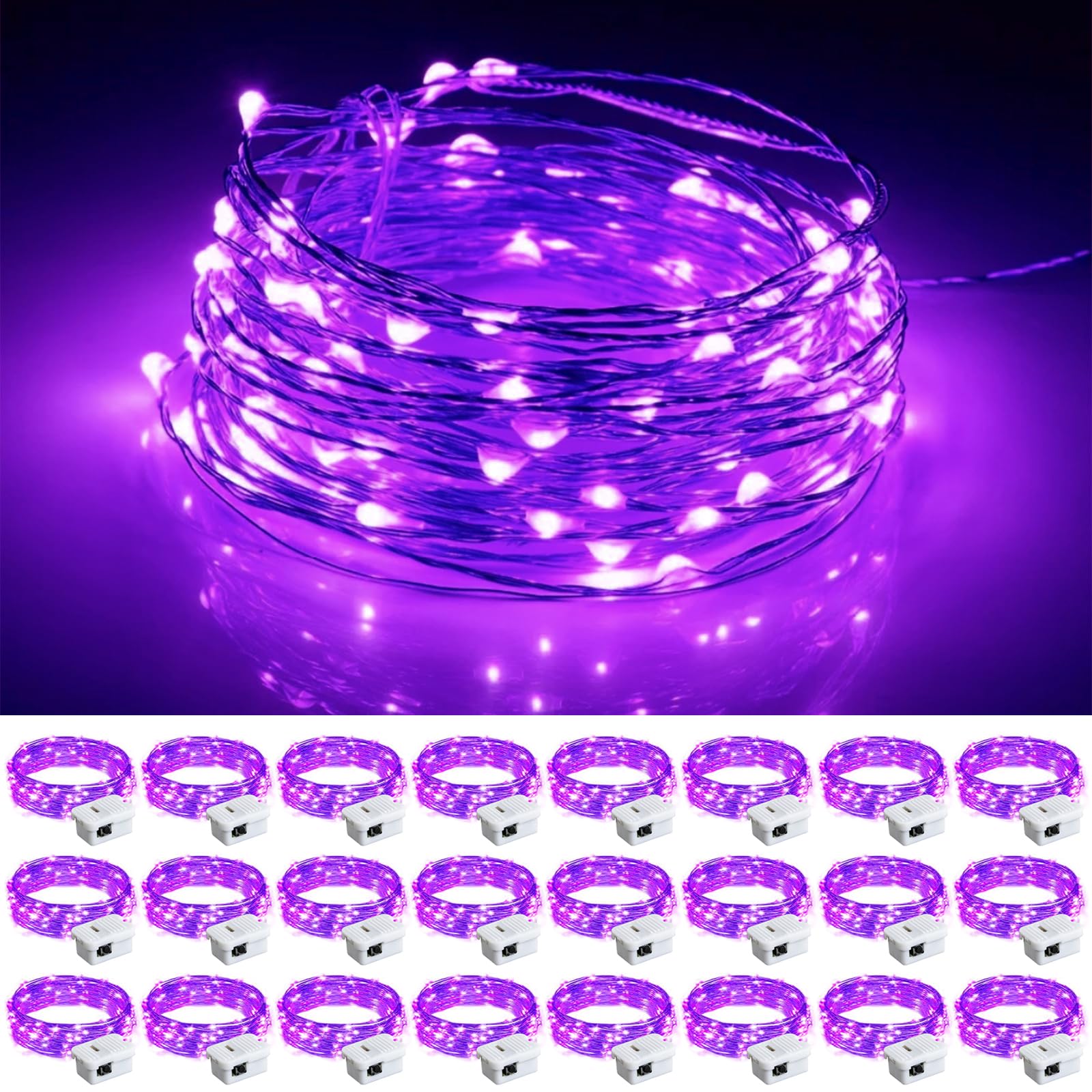 chzk Fairy Lights, 24 Pack 7ft 20 LED Mini String Lights, Battery Operated, Purple, Model D11-BKDC