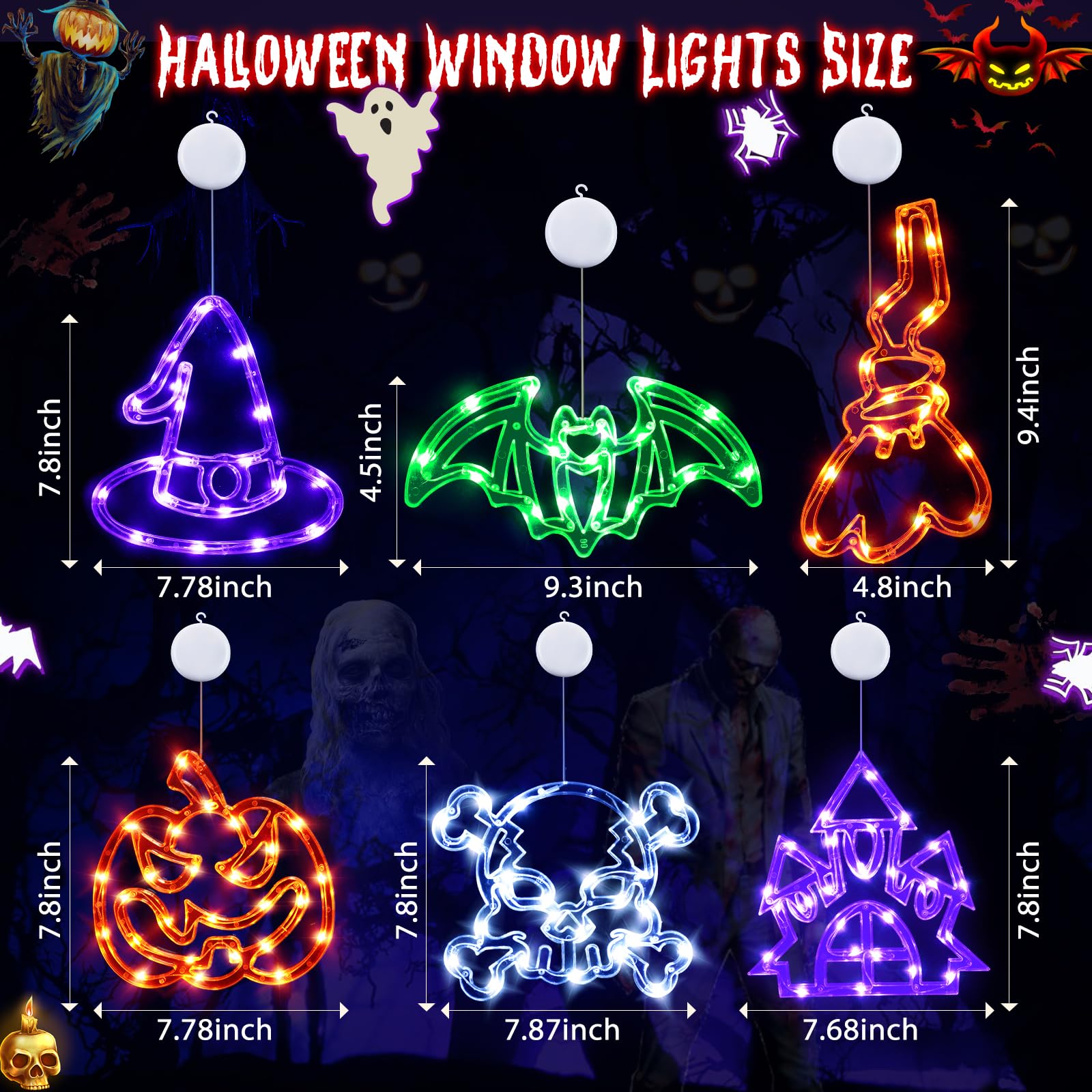 Tiaxidex Halloween Lights, 6 Pack Skull Pumpkin Castle, Bat, Witch Hat, Halloween Decorations With Modes Of Flashing And Steady Light With Suction Cup, Battery Operated Halloween Window Decoration