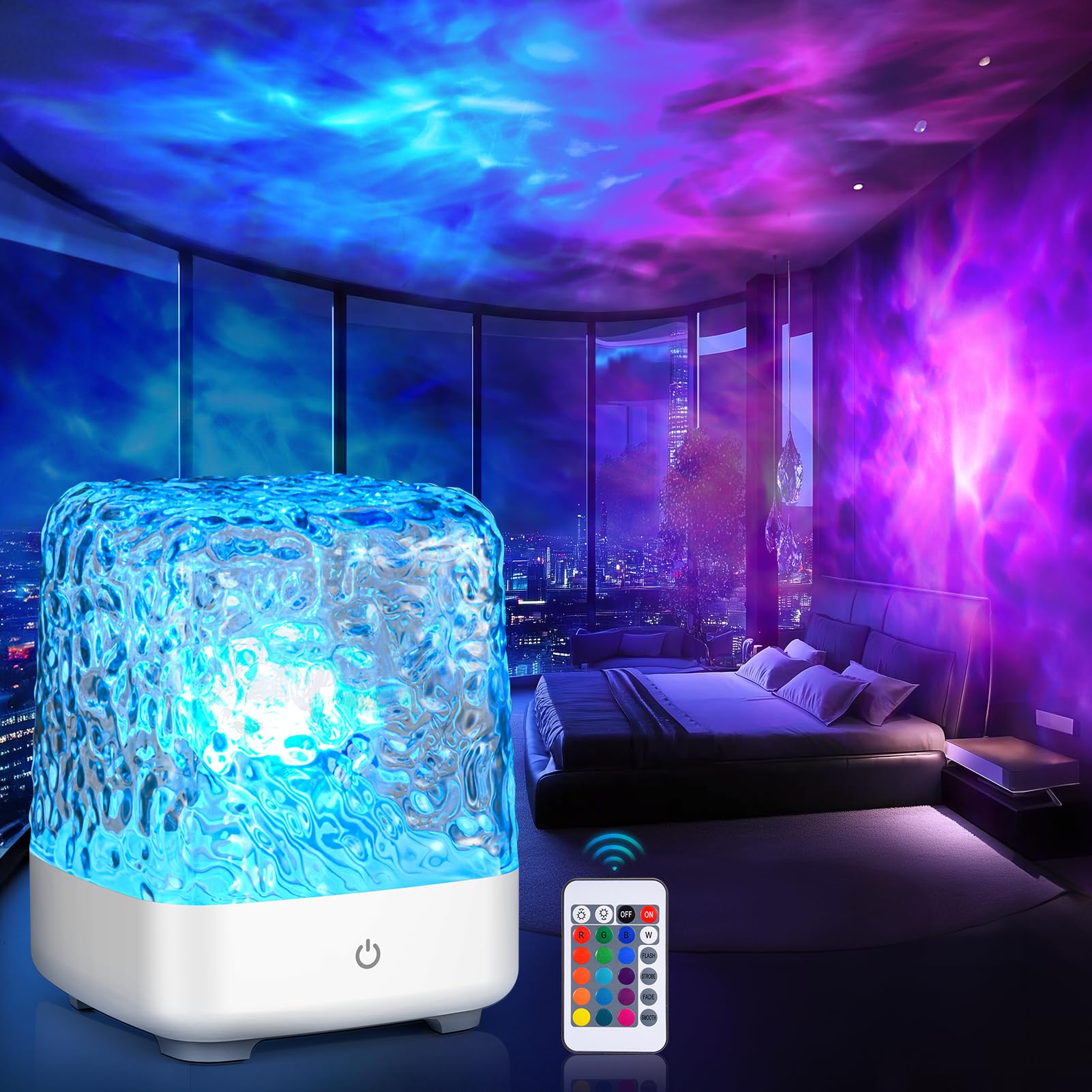 Ackarido Northern Lights Projector, 16 Colors Luminorthe Cube Crystal Lamp with Touch/Remote Control, Rechargeable Ocean Wave Ni