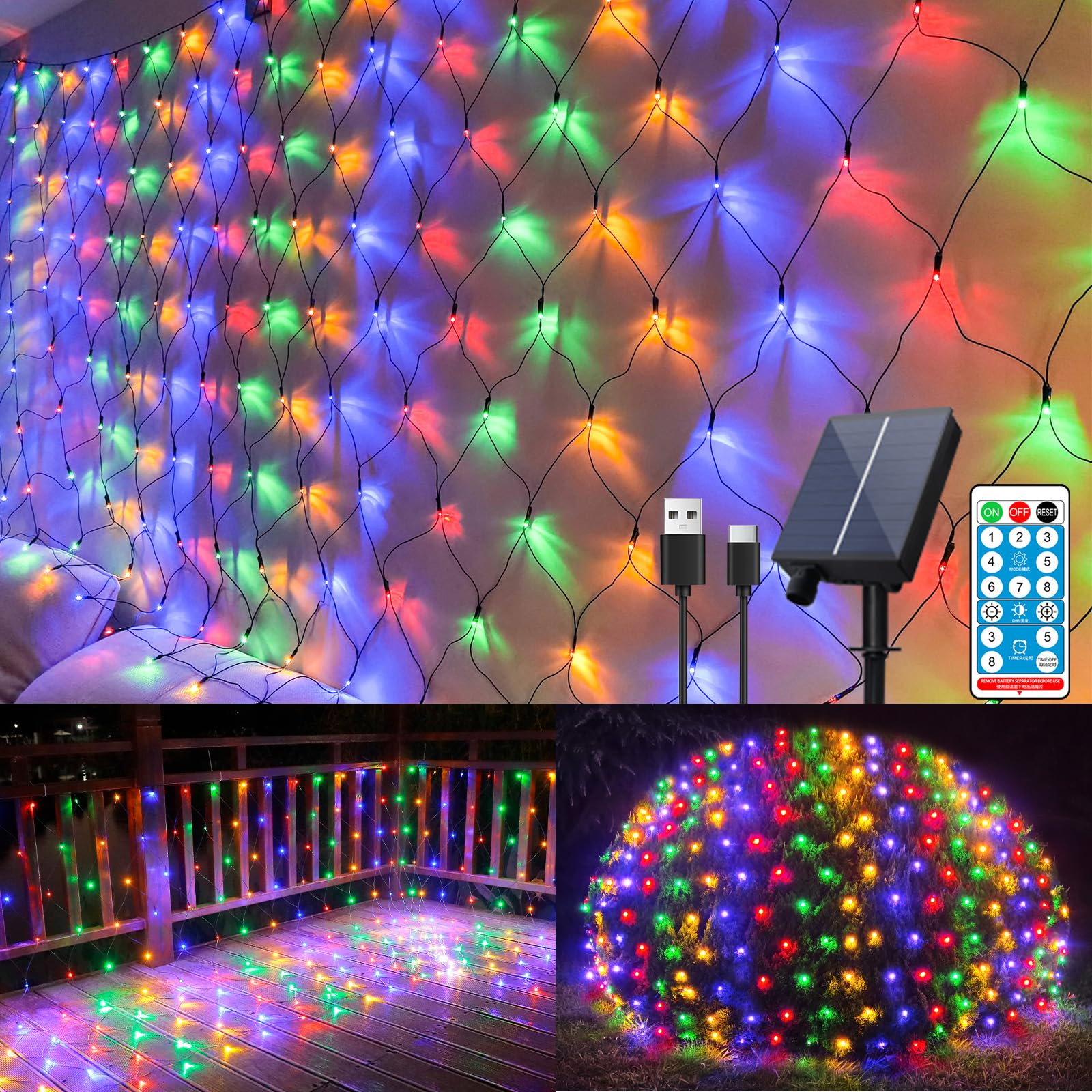 FunNite Solar Net Lights - 240 LED Waterproof String Lights, 11.5ft x 5ft, Multicolor, Remote Control, 8 Modes for Outdoor/Indoor Decor