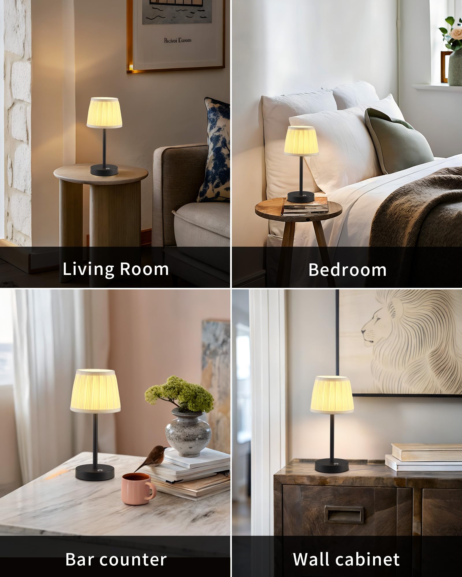 Pusu Cordless Led Black Table Lamp  Rechargeable 4000Mah 3 Way Dimmable Bedside Small Lamp With Fabric Shade  Lighting For Bedroom  Kids Room  Bathroom  Kitchen  Home Decor  Gift  Night Light