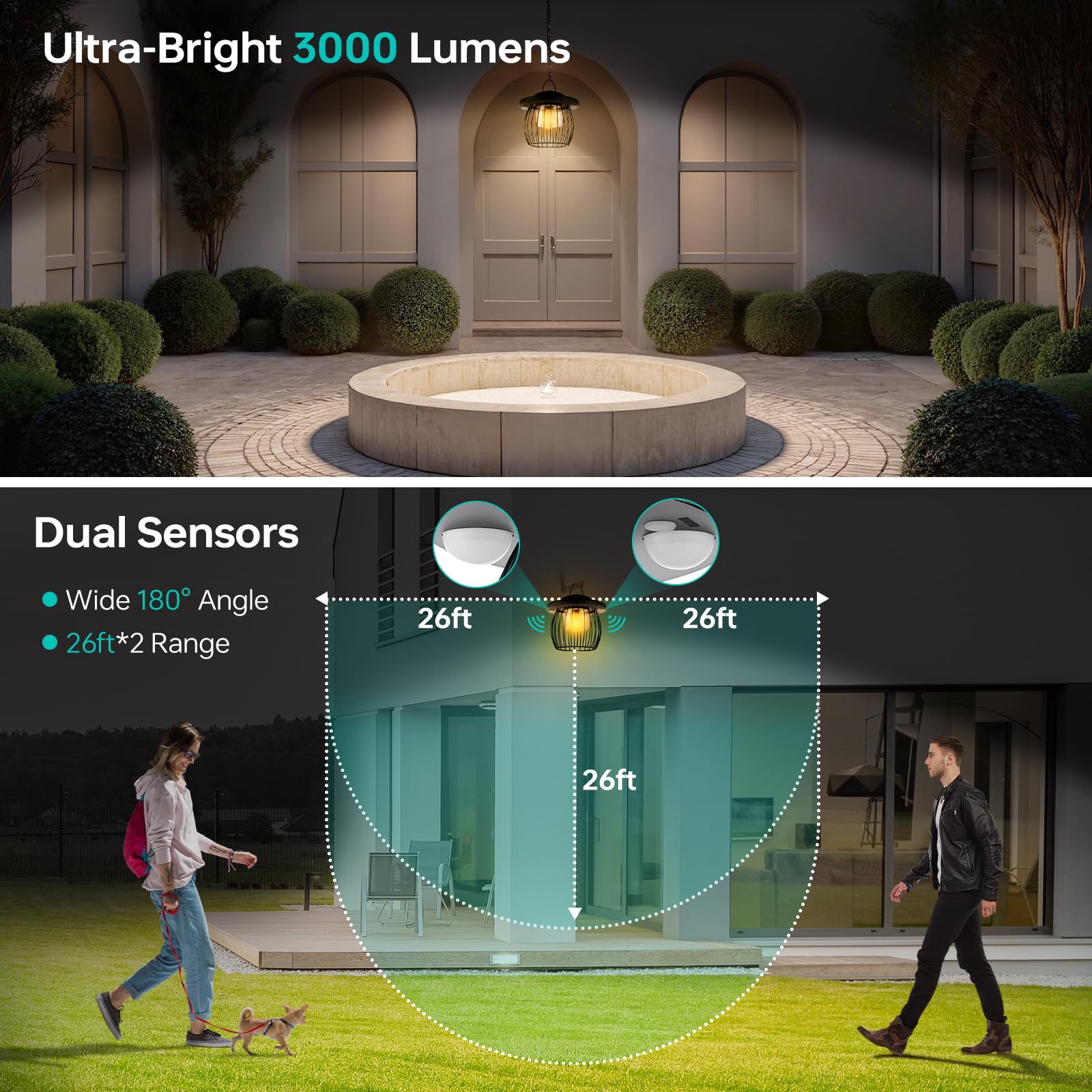 Deogos Solar Pendant Light - 3000LM, 4400mAh Battery, Motion Sensor, 3 Color Temperatures, Waterproof, Black, Gazebo Size