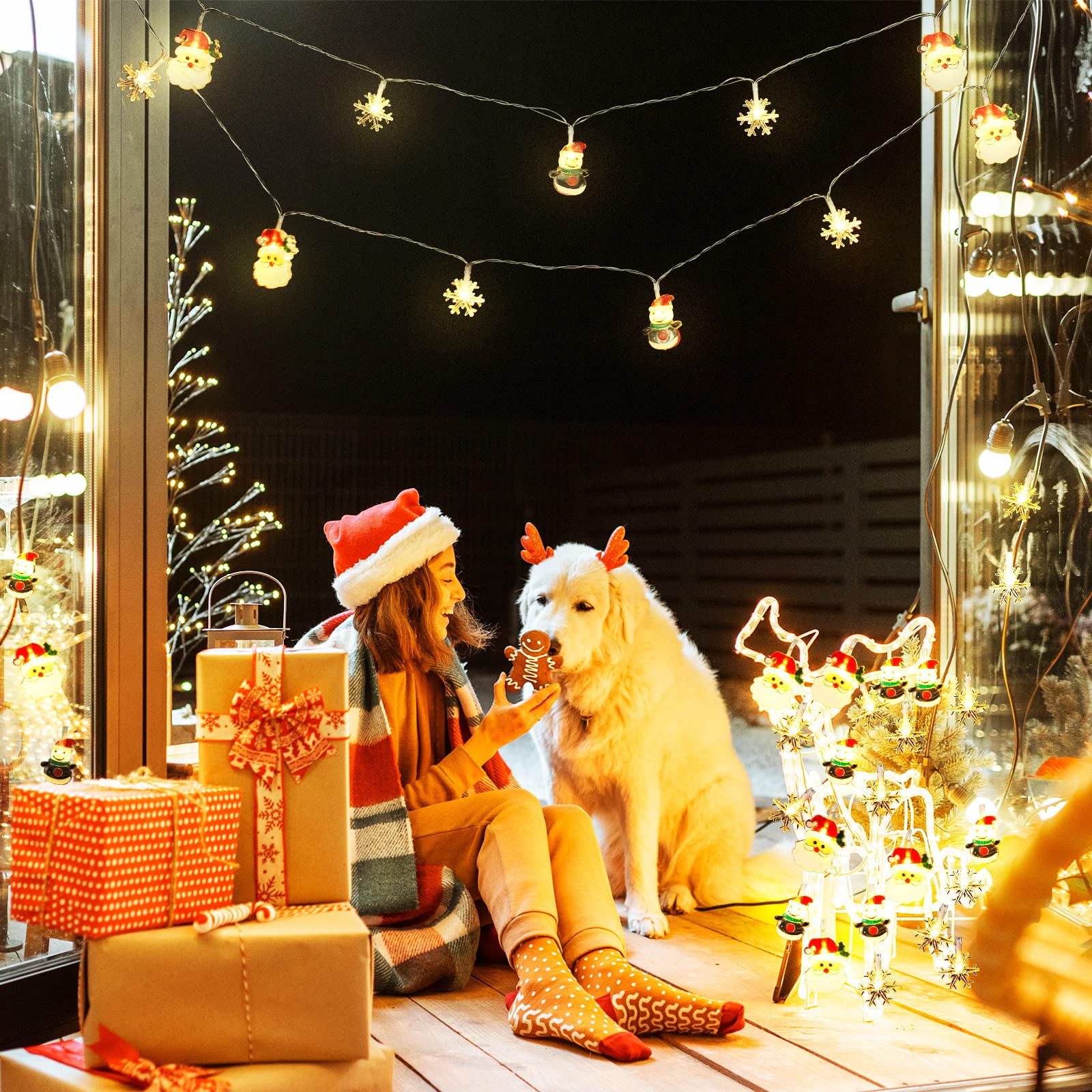 Zhanmai 2 Pcs Christmas Lights Decorations 10Ft 20 Led Battery Operated Christmas Santa Claus Snowflake Snowman String Waterproo